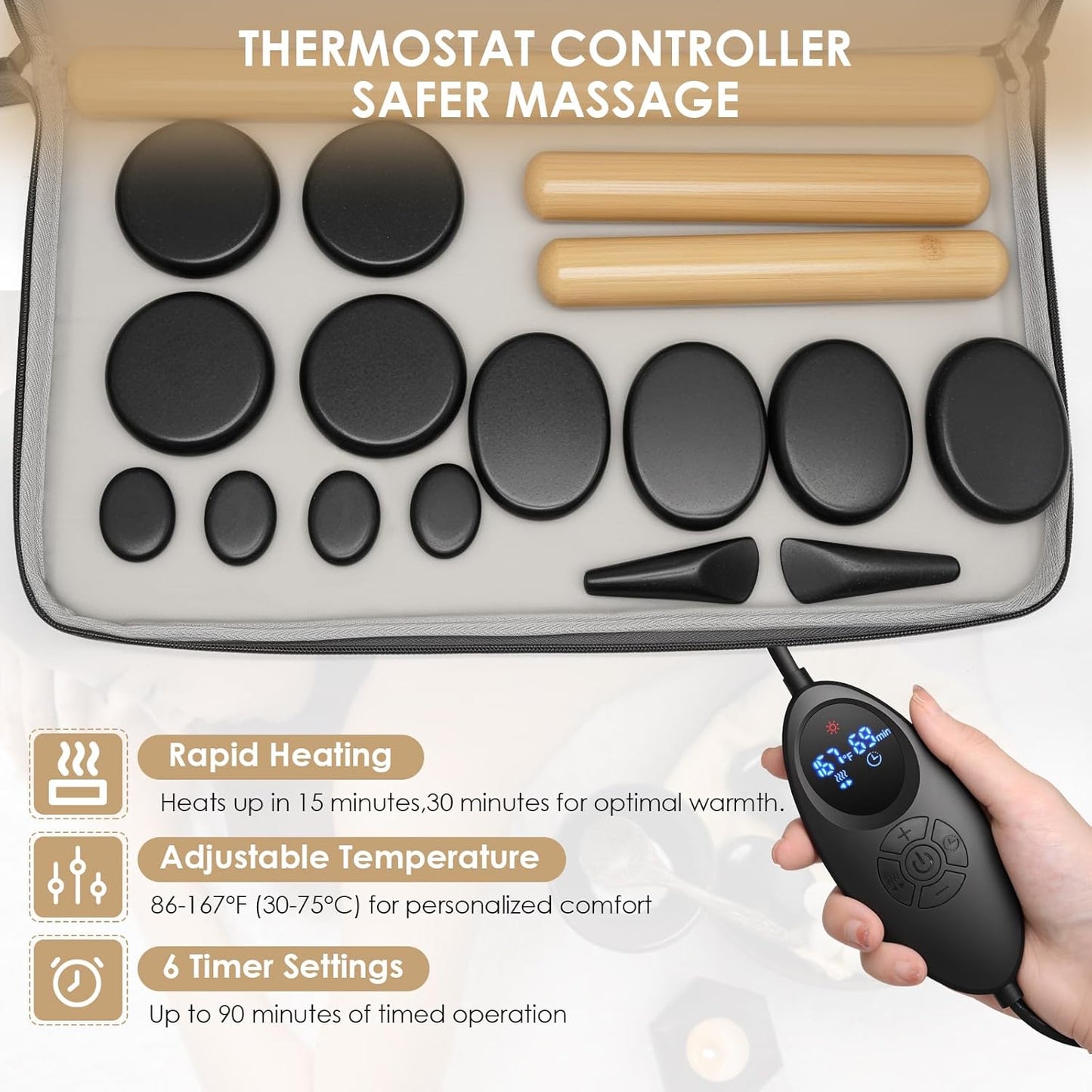 17 Pieces Massage Stones Set with Warmer Kit Hot Rocks Bamboo for Massage,Hot Stones Massage Warmer Kit with Temperature Control and Carry Bag (14 Stones and 3 Sticks)