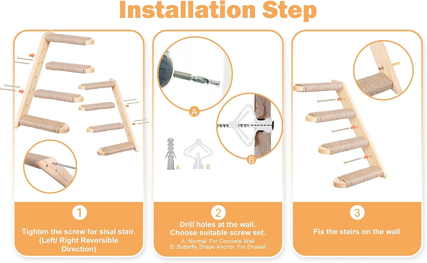 Cat Climbing Stair Shelf, Wall Mounted Ladder 2PCS 4 Steps Reversible Left & Right Direction, for Cats up to 15 Pounds, Cat Stairway with Jute Scratching Ladder Shelves for Kitten Perch Sleeping