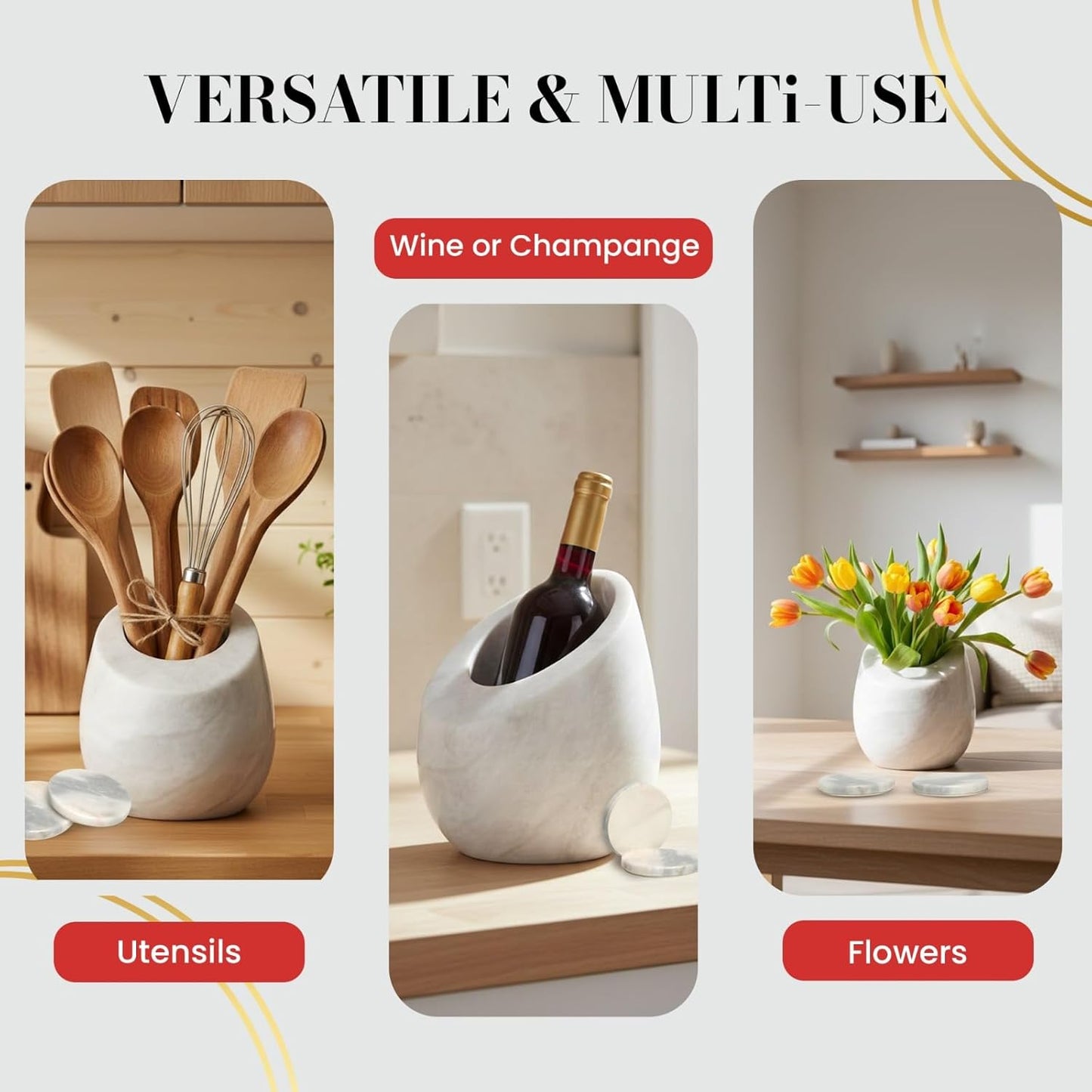 Marble Wine Chiller Bucket Set With 2 Marble Coasters – 750ml Wine Bottle Cooler for Party, Dinner, Kitchen & Bar Cart Decor – Elegant Champagne Cooler Gift for Wine Lovers (White)