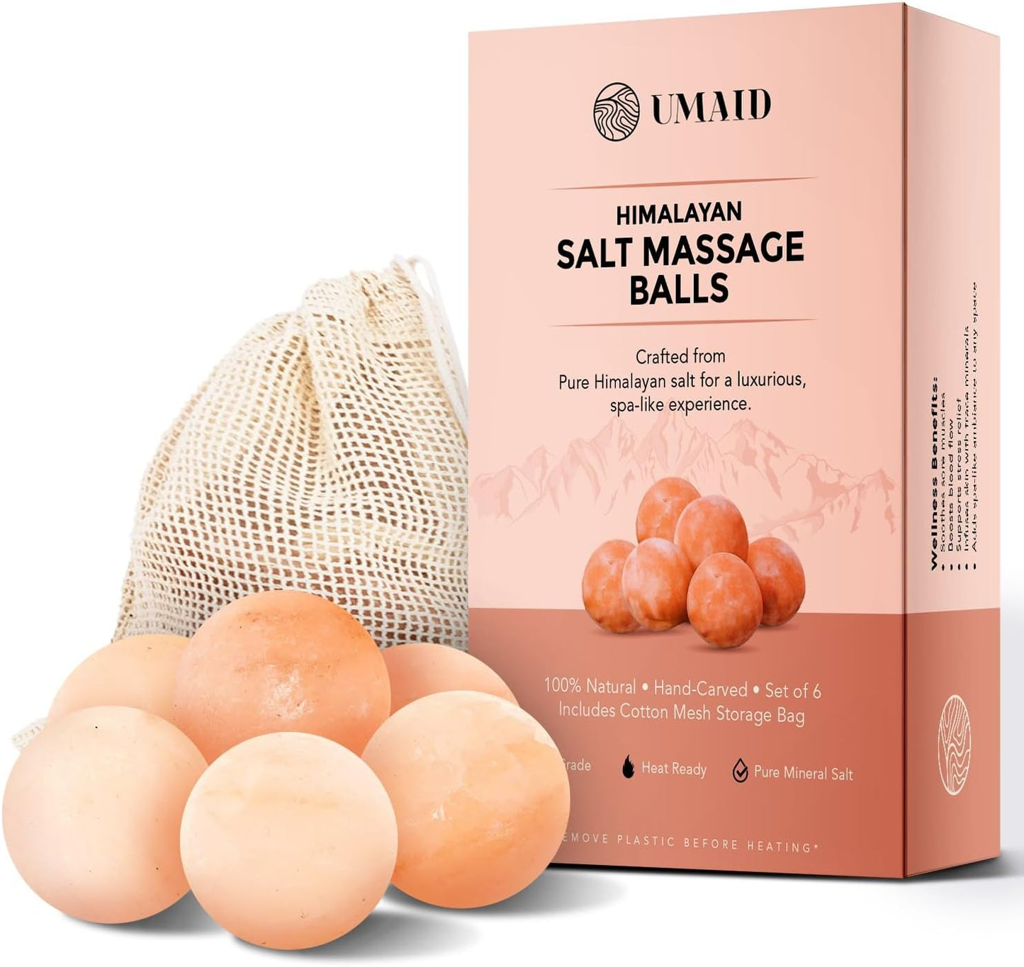 UMAID Himalayan Salt Massage Balls 6-Pack with Cotton Mesh Bag, Natural Therapy Stones for Hot & Cold Muscle Relief, Relaxation & Spa Massage, Warm in Microwave or Chill in Freezer