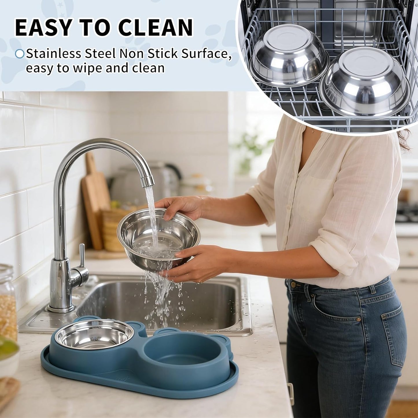 Stainless Steel Double Pet Bowls with Non-Slip Base, Detachable Dog Cat Food and Water Feeder Set, Anti-Spill & Easy to Clean Pet Feeding Bowls for Small Dogs & Cats
