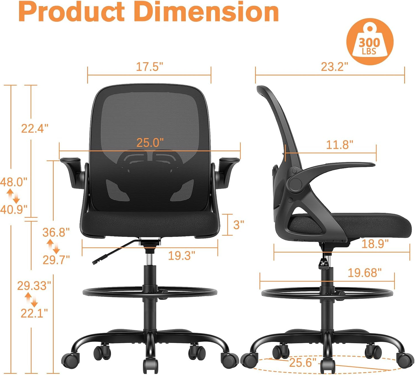 Tall Drafting Chair with Lumbar Support and Footrest Ring, Supportive Tall Extended Height Ergonomic Desk Chair for Home Work, Breathable Mesh Office Chair with Flip up Arms(Black)