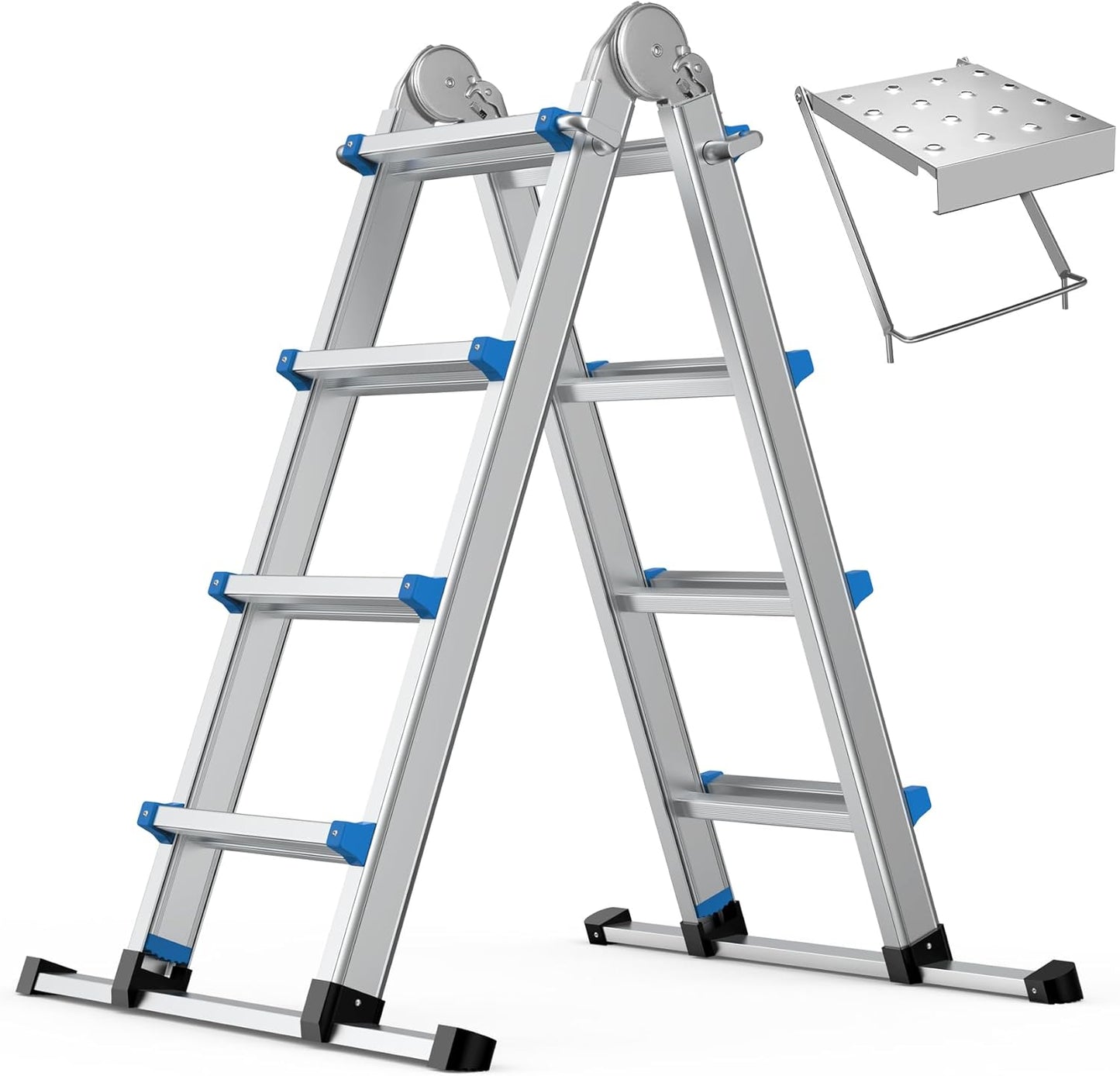 13.5FT Aluminum Foldabl Extension Ladder - Heavy-Duty A-Frame Adjustable Design for Home & Work, 330lbs Capacity, Retractable System with Safety Lock