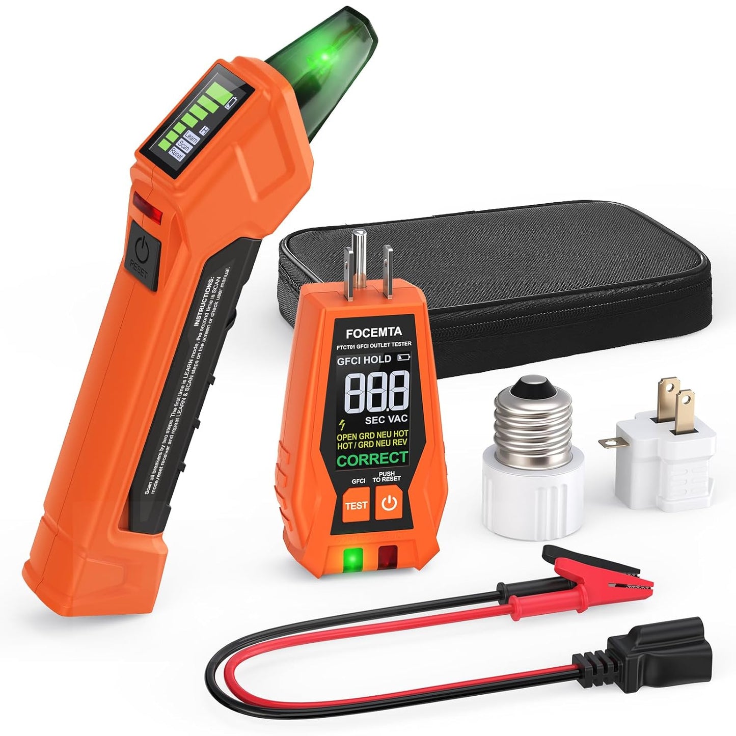 Circuit Breaker Finder Kit with GFCI Outlet Tester for 90-135V AC Circuits,includes Light Socket Adapter, 3-2 Prong Grounding Adapter & Clip adapter,Portable Electrical Tool with Carrying Case