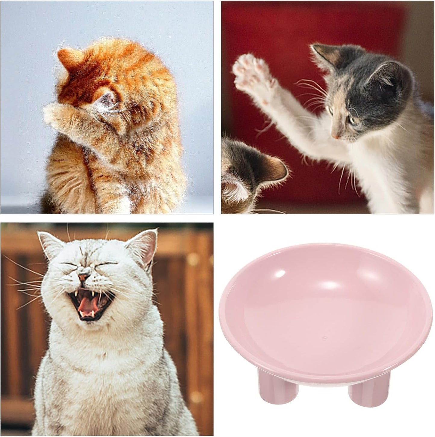 Elevated Cat Bowl and Raised Pet Food Dish, Ergonomic Wide Opening Tilted Plastic Feeder, Three-Leg Stand for Neck Support, Pink Raised Feeding Bowl for Cats and Dogs