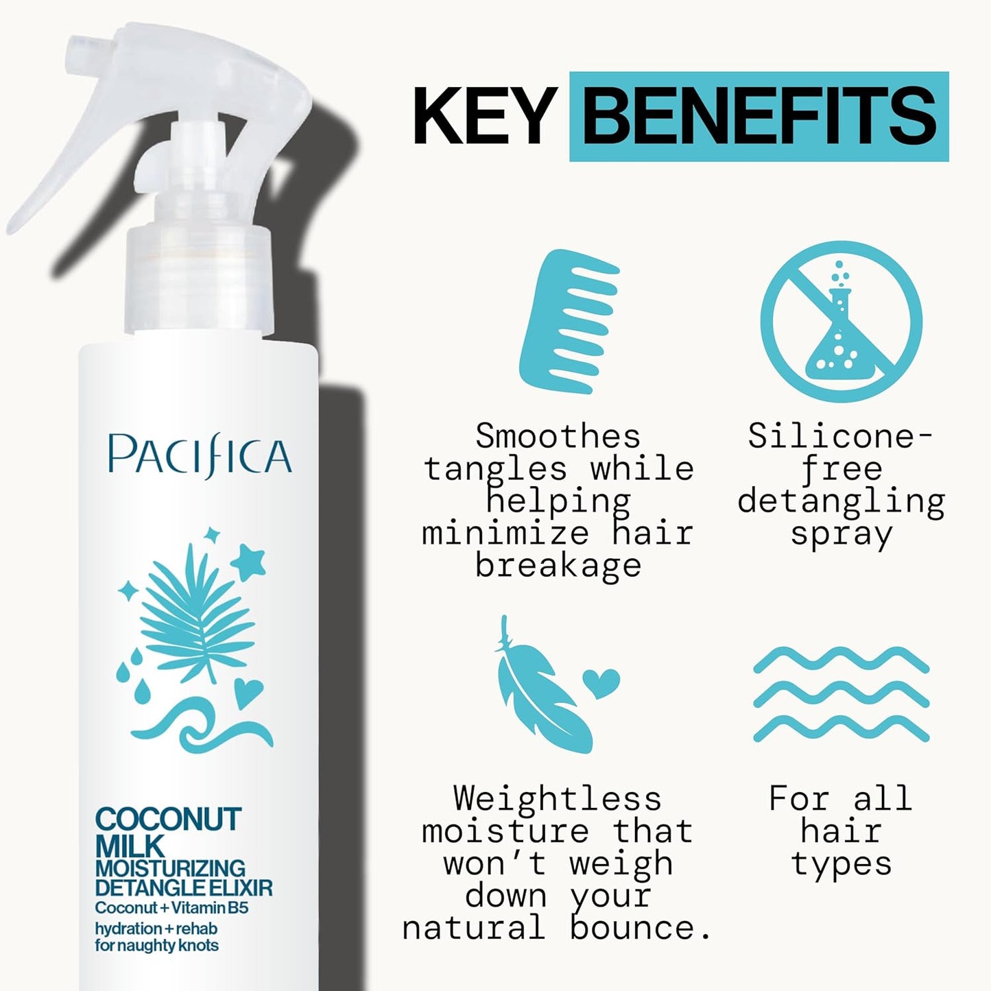 Pacifica Coconut Milk Hair Detangler Spray – Leave-In Conditioning Elixir for Tangle-Free Hair – Instantly Detangles Knots, Adds Shine & Moisture, Prevents Breakage & Frizz – Vegan & Cruelty-Free | Vegan, Cruelty-Free