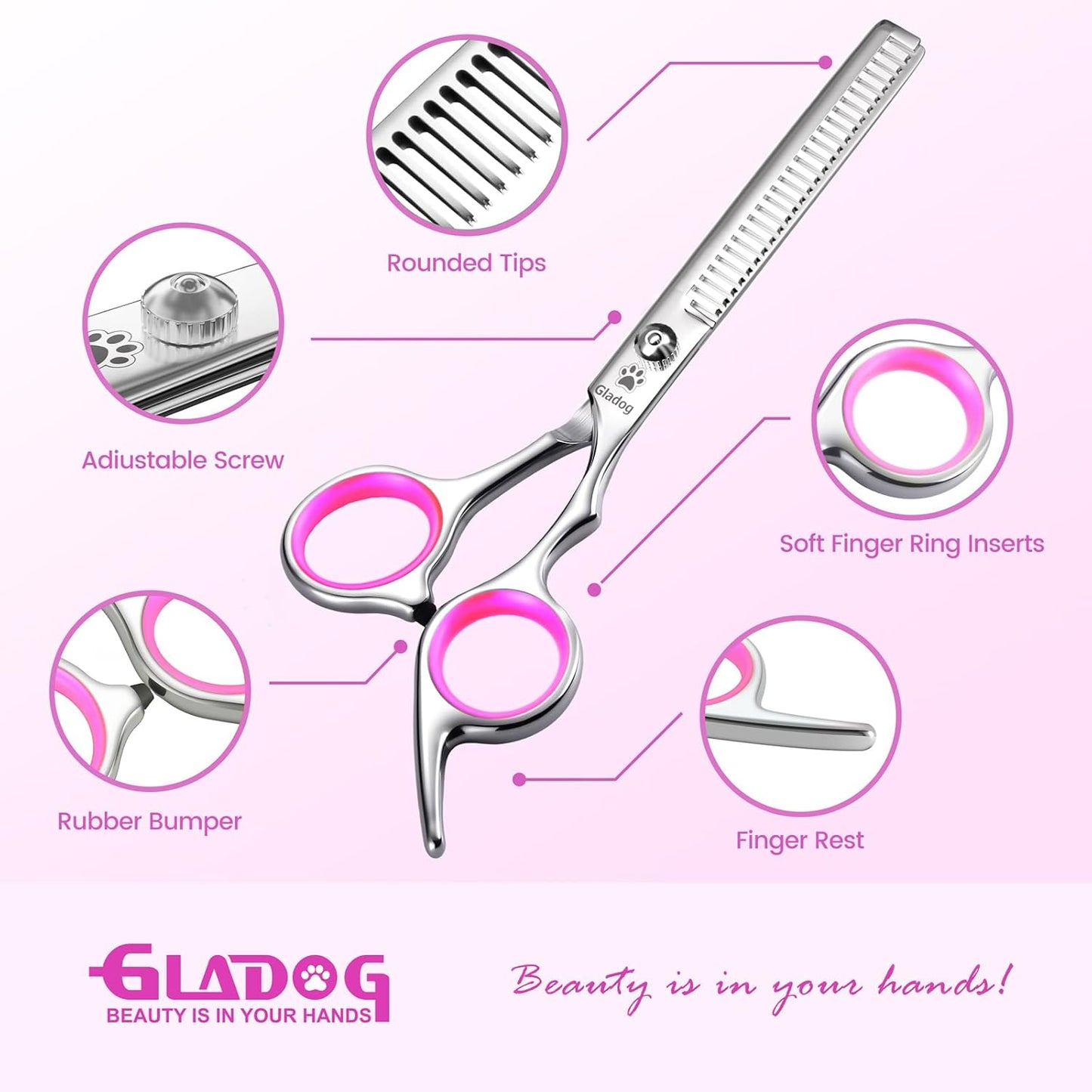 GLADOG Professional 4 in 1 Dog Grooming Scissors Set with Safety Round Tips, Sharp and Heavy-duty Pet Grooming Shears for Cats (Pink)