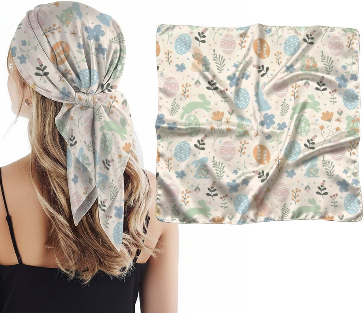 Silk Like Stain Hair Scarf for Women Easter Eggs Bunny Western Square Neck Scarfs for Bag Hair Handbag Scarves 35"