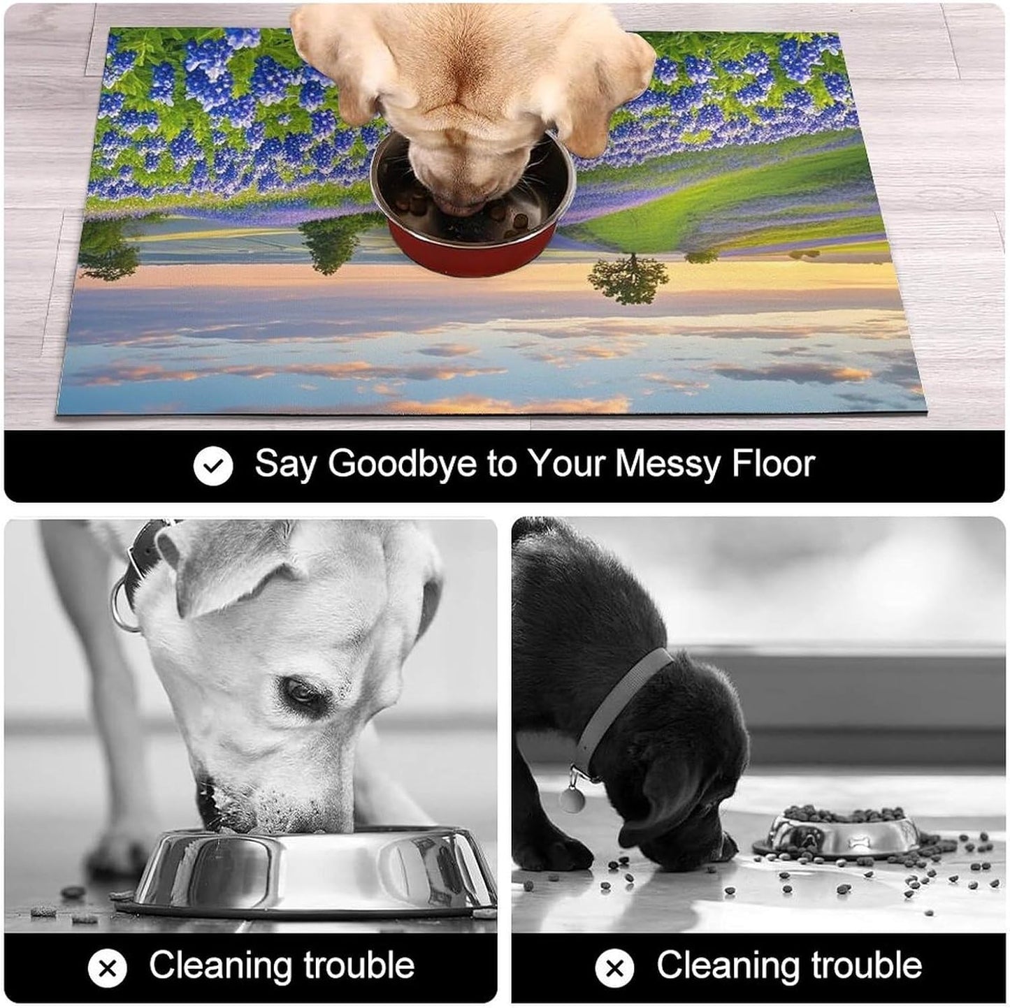 Dog Food Mat Pet Leather Tablecloth Texas Bluebonnets Scenery Pet Feeding Mat Anti-Slip Dog Bowl Mats Absorbent Pet Placemats for Dogs Protect Floor Dogs Pad for Food and Water