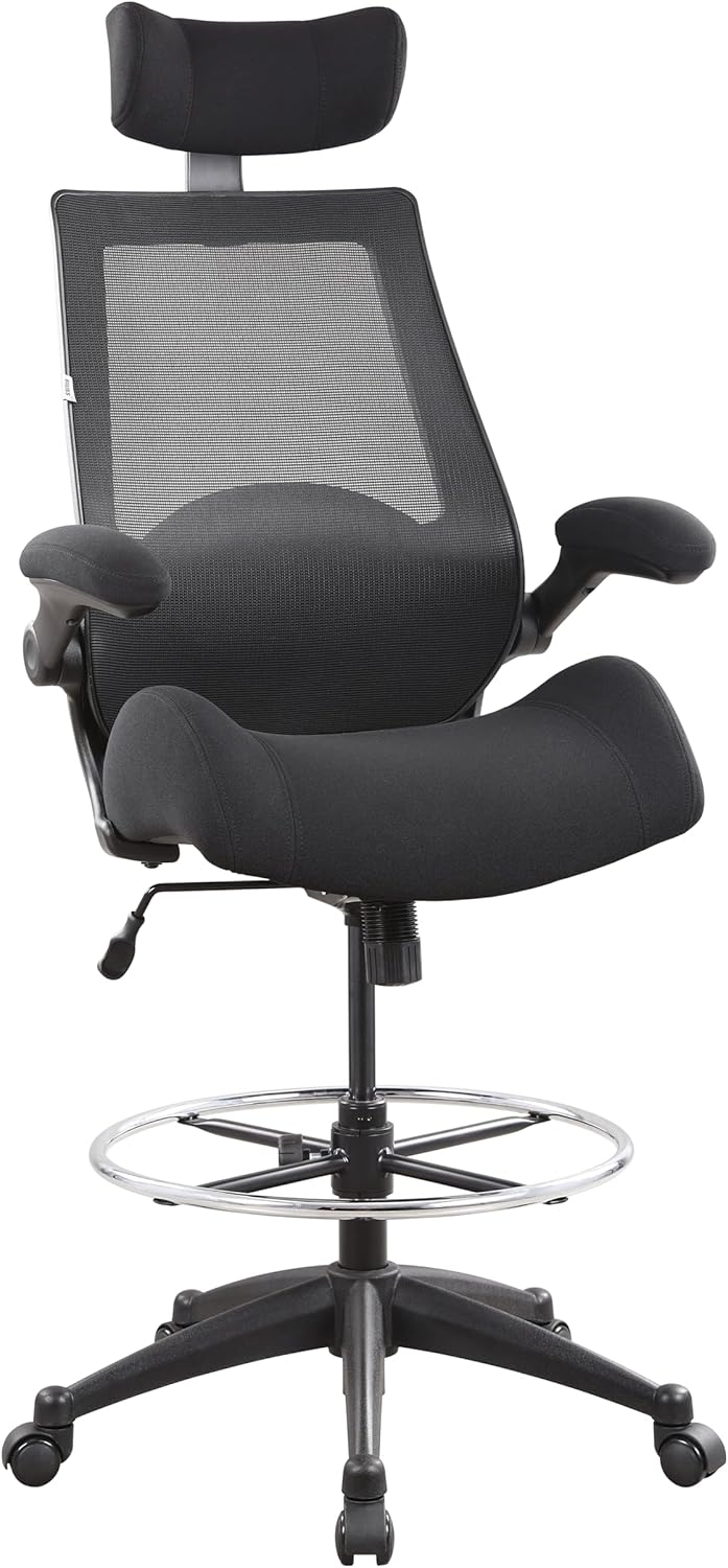 BOLISS Drafting Office Chair 400lbs High Back Wide Standing Desk Chair Comfortable with Flip up Armrests Lumbar Support Adjustable Big Footrest Ring(Black)