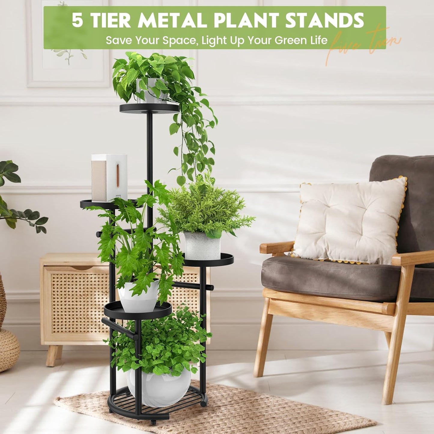 TOSKING 5-Tier Tall Plant Stand Indoor & Outdoor, Anti-Tip Round Base for Pots, Child and Pet Friendly, Heavy Duty Corner Shelf for Multiple Plants, Space-Saving Design for Living Room Balcony Garden (Black, 38in)