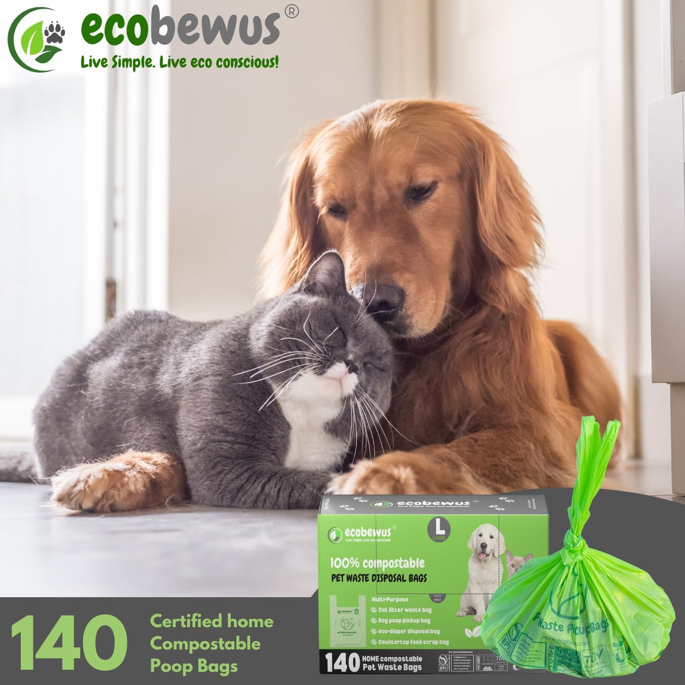 100% Compostable Pet Waste Disposal Bag (140 ct.) Plant-Based Biodegradable Cat Litter Poop Waste Pick-Up Bags with Handles Dog poop Bags Disposable Compost Food Scrap Liners (140 ct.)