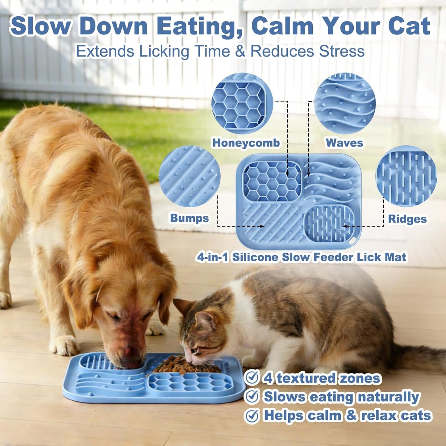 AZY 3-Piece Slow Feeder cat Bowl and Lick Mat Set – Silicone Cat Treat Spoon, Feeding Mat for Wet Food, Enrichment and Slow Eating (Blue)