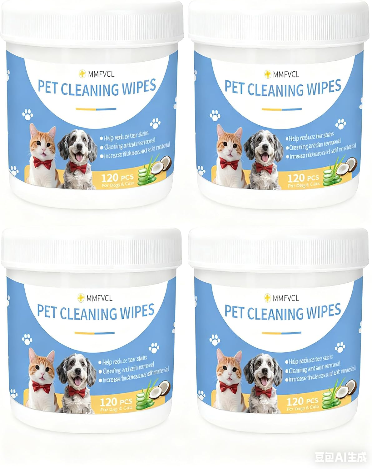 Pet Cleaning Wipes for Dogs and Cats, Tear Stain and Eye Discharge Removal, Coconut Oil Formula, 4 Boxes