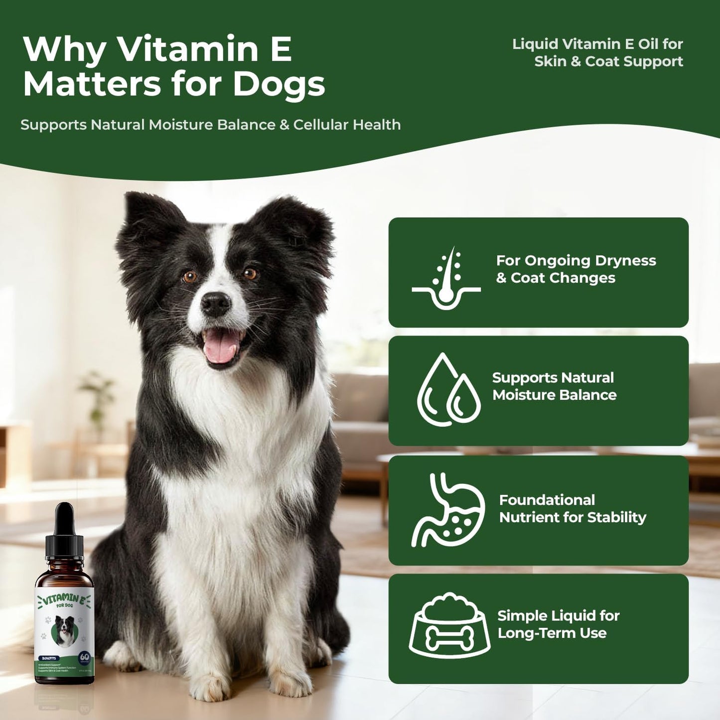 Vitamin E for Dogs, Liquid Vitamin E Oil for Skin & Coat Support, Supports Natural Moisture Balance & Cellular Health, Easy-to-Mix Drops, 2 fl oz (60 mL)