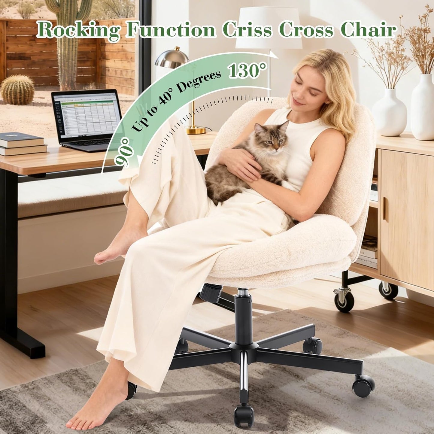 Criss Cross Chair, Thick Cushioned Ergonomic Cross Legged Office Chair with Wheels, Armless Swivel Vanity Chair, Height Adjustable Wide Computer Desk Chair for Home and Office, Beige