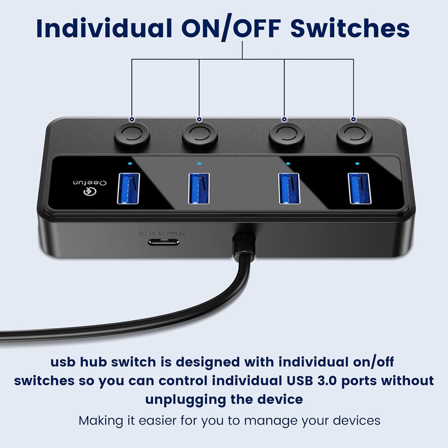 Qeefun 4-Port USB 3.0 Hub, Individual LED Power Switches, 5Gbps Data Transfer USB Splitter with 2ft Extension Cable, Multiple USB Extender for Laptop, PC, iMac, USB Flash Drives and More