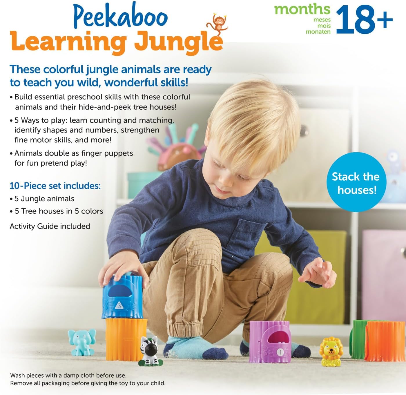 Learning Resources Peekaboo Learning Jungle Toddler - 10 Pieces, Ages 18 Months + , Toddler Montessori Toys, Stacking Shape, Sorting and Matching Skill, Educational Games