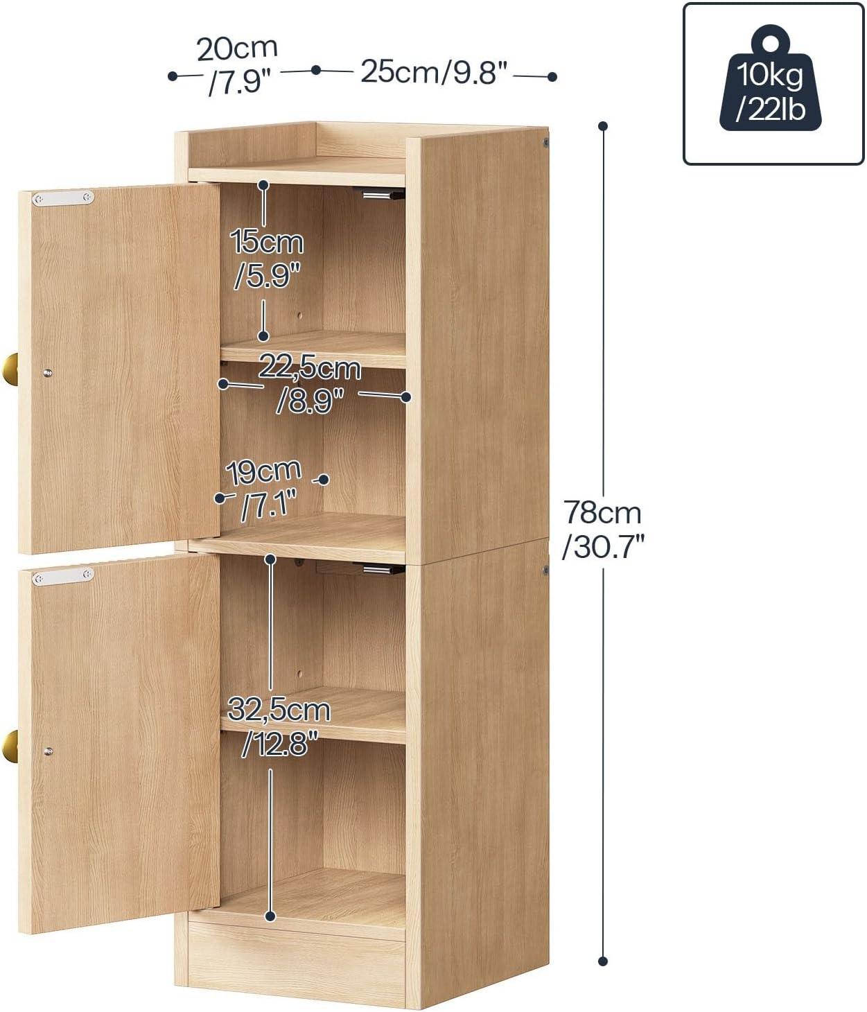 HOOBRO Small Bathroom Storage Cabinet, 9.8" W x 7.9" D x 30.7" H Small Cabinet for Bathroom with Doors, Farmhouse Floor Cabinet with 2 Adjustable Shelves, Narrow Toilet Paper Cabinet, Natural