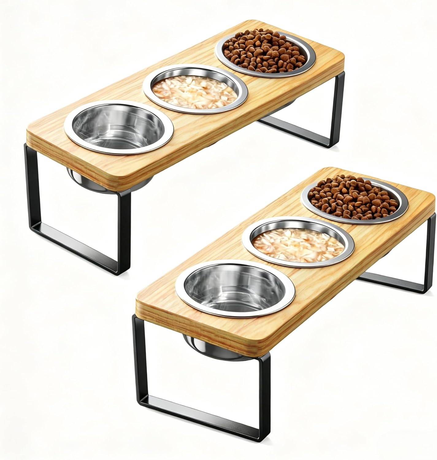 2 Pack Elevated Cat Bowls with 3 Stainless Steel Bowls | 10° Tilted Anti-Vomiting Raised Cat Food Bowl for Small Cats and Puppies Pet Bowl with Stand