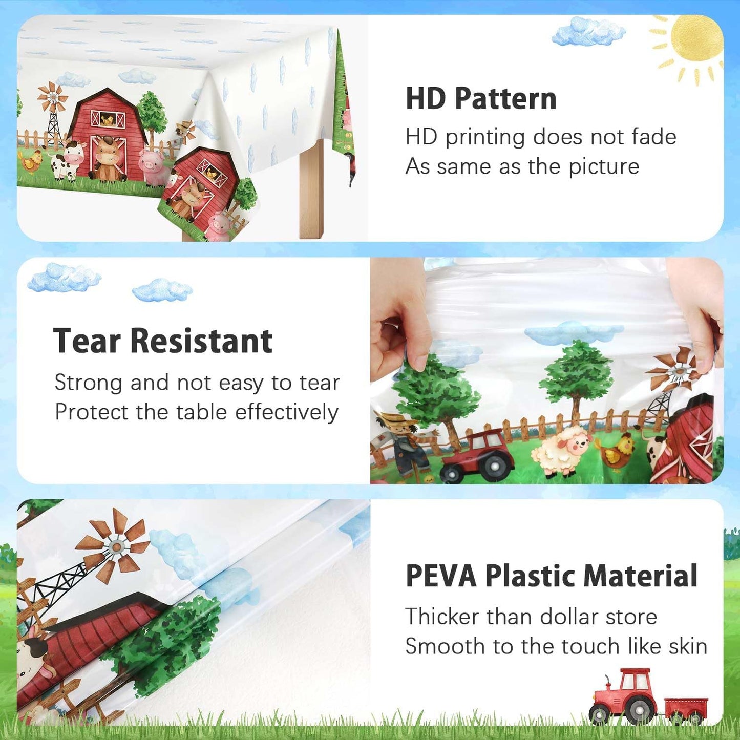 3 Pieces Farm Animal Birthday Party Supplies Tablecloth, Large Size 54 x 108 Inch Rectangular Plastic Table Cover, Barnyard Birthday Party Supplies Decorations for Baby Shower Boys Girls