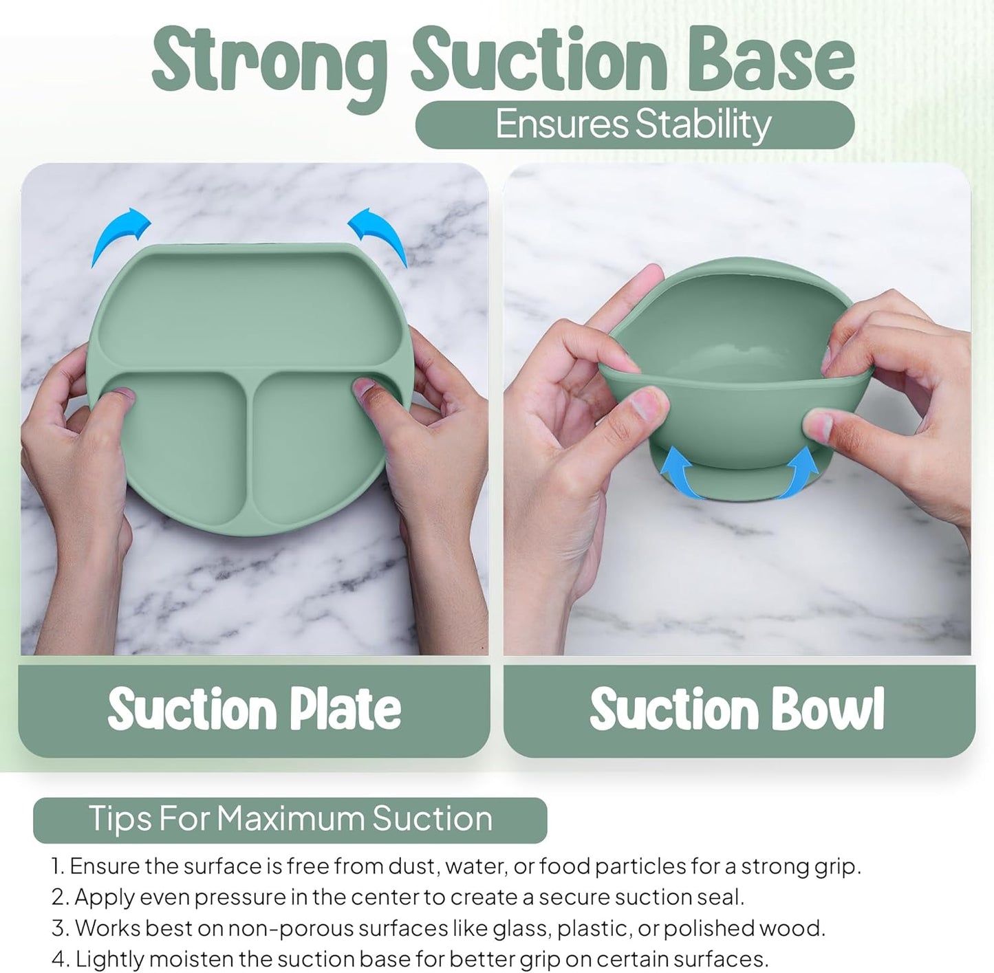 O'doe 17-Piece BPA-Free Silicone Baby Feeding Set | Thick & Soft Suction Plates, Baby Bowls, Wooden Fork & Spoon, and More | Make Mealtime Fun and Easy for Your Little One (Green, V2)