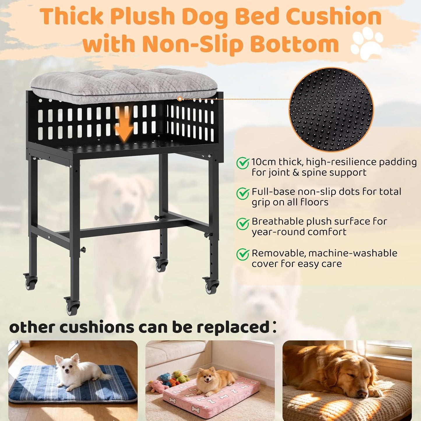 Beside Dog Bed,2 Panels Adjustable Height Dog Bunk Beds,26.8”x18.1” Metal Frame & Cushion, Converts to Bunk Bed or Bed Extension Attachment for Human Bed, for Small/Medium Dogs