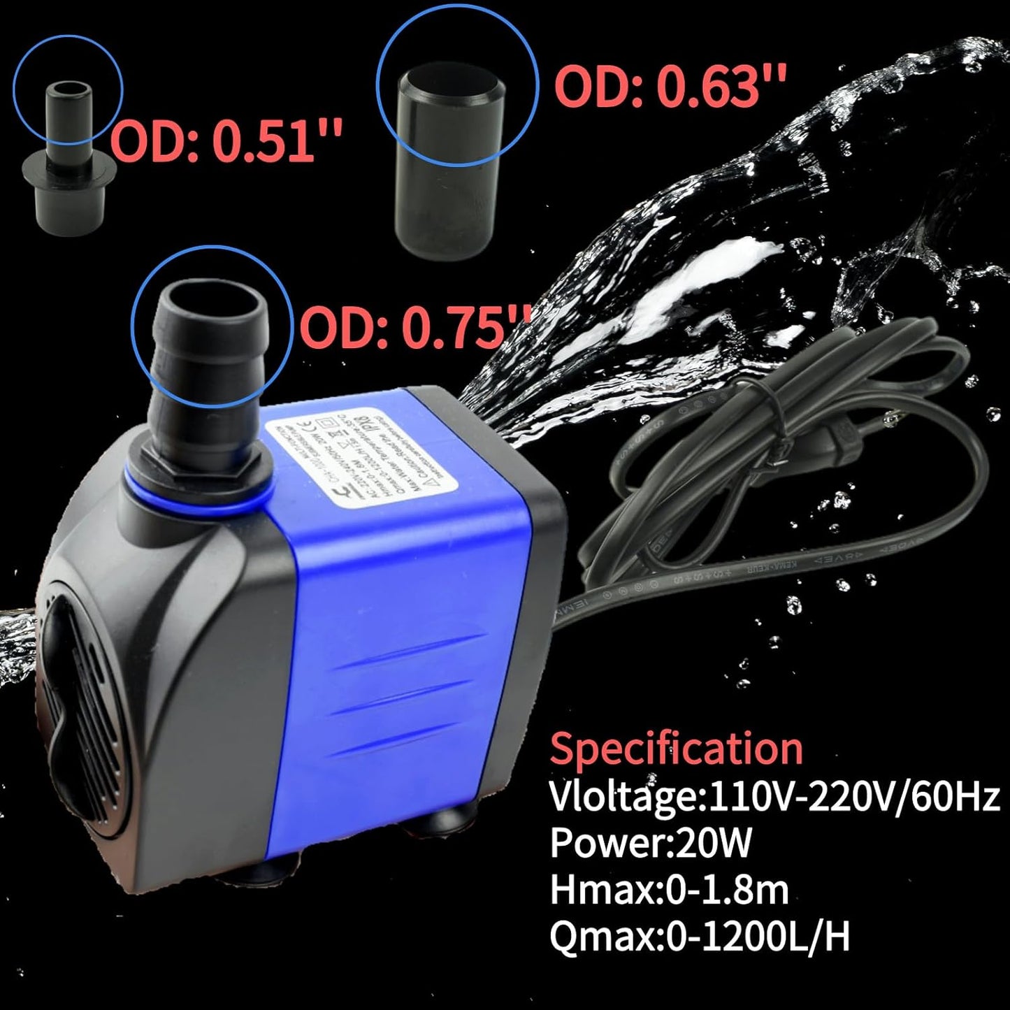 Conquerall CHA-1000 1200L/H AC 110V 310GPH Submersible Pump 20W Durable Adjustable Water Pump Head 5.91ft High for Aquariums, Employees, Garden Fountains,Hydroponics Systems and Pet Fountains