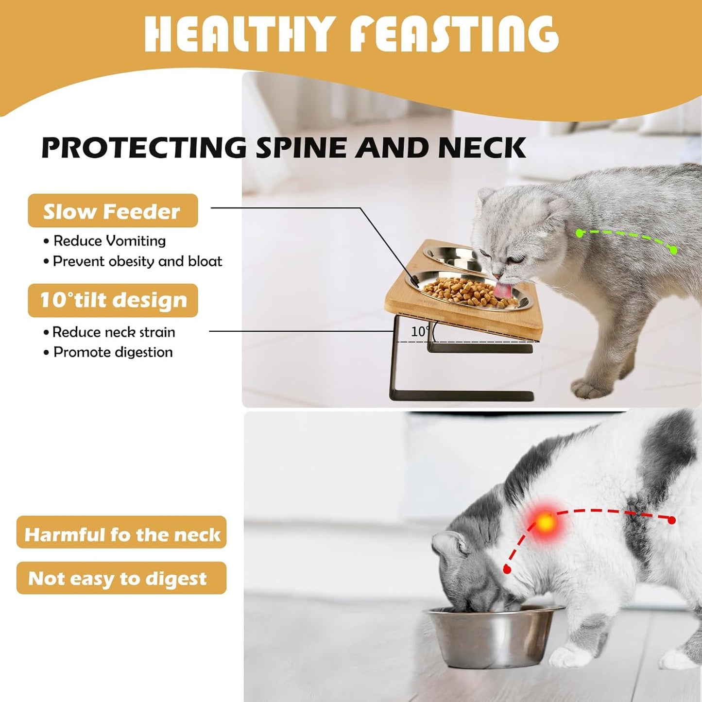 Elevated Cat Bowls with Slow Feeder, Anti-Vomiting 10° Tilted, Raised Cat Bowl Stand for Cats & Puppies(4.5" Tall)