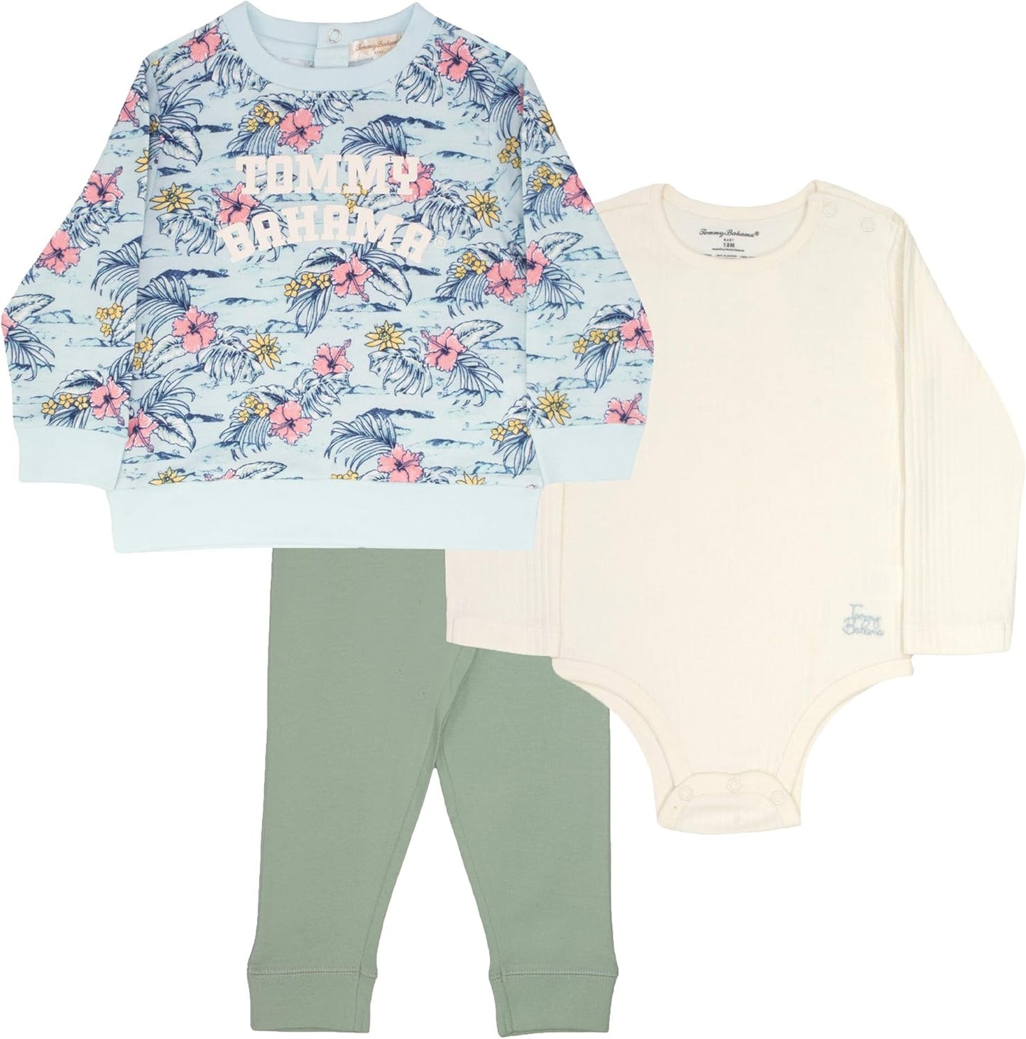 Tommy Bahama Baby 3-Piece 100% Cotton Set - Long Sleeve Shirt, Onesie, and Pants Bundle for Infants and Babies