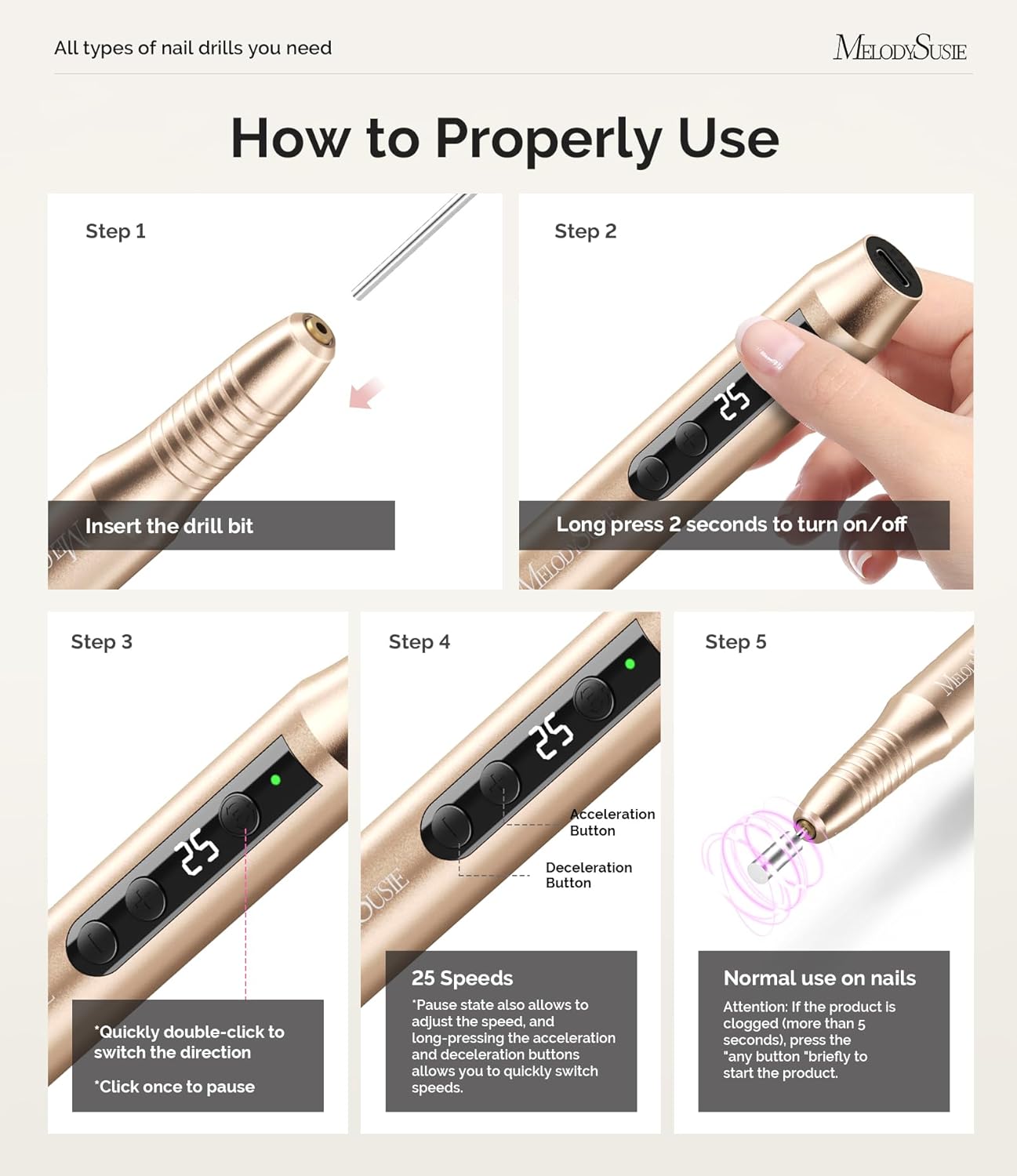 MelodySusie Pen-Shaped Portable Cordless Nail Drill,PC180G 25000RPM Rechargeable Electric File with LED Display for All Nail Care, Manicure Shaping & Acrylic Gel Removal for Nail Artists DIY at Home