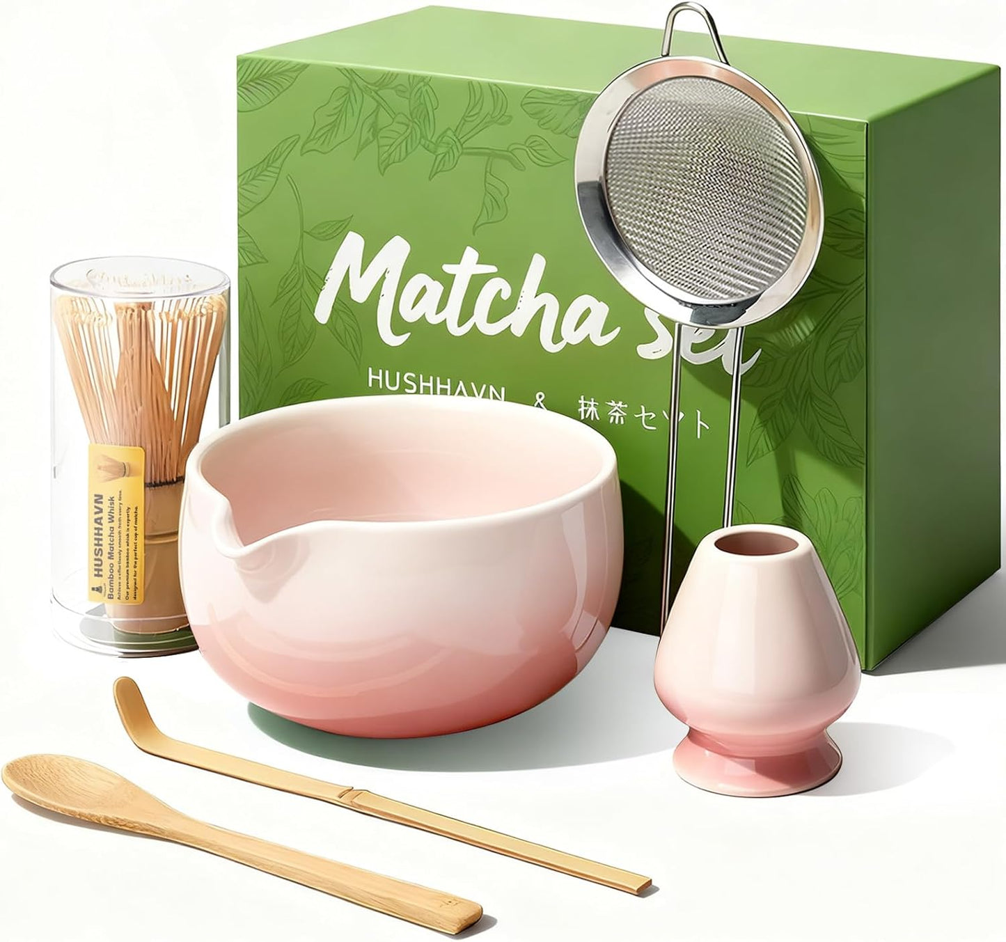 Matcha Whisk Set, Ceramic Matcha Set Includes Bowl & Holder, Bamboo Whisk (Chasen), Scoop, Spoon and Sifter, 6PCS Matcha Kit Covers Everything Needed for Making Matcha (Pink)