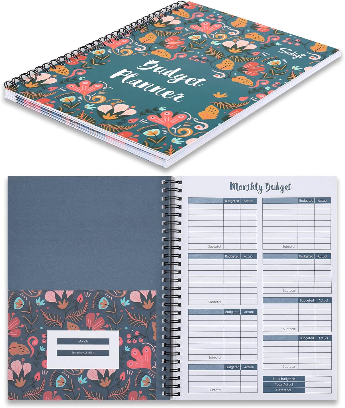 Soligt Budget Planner Monthly Budget Book Bill Organizer with 12 Pockets, Undated Home Financial Money Expense Saving Debt Tracker Notebook, 1 Year, Blue Floral, Spiral Design