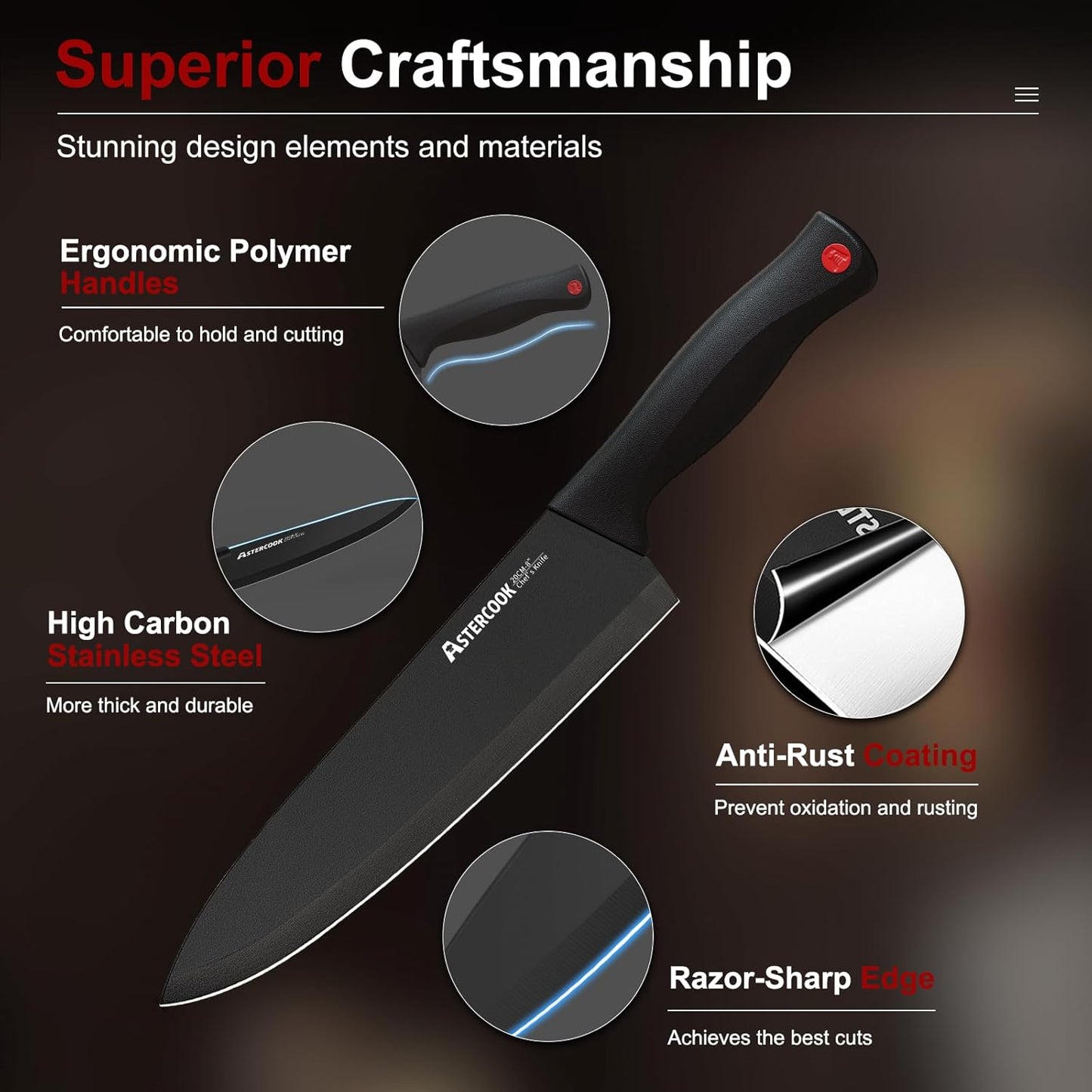 Knife Set, Astercook 15 Pieces Knife Sets for Kitchen with Block, Dishwasher Safe Kitchen Knife Set with Built in Sharpener Block, German Stainless Steel Knife Block Set, Valentine's Gift
