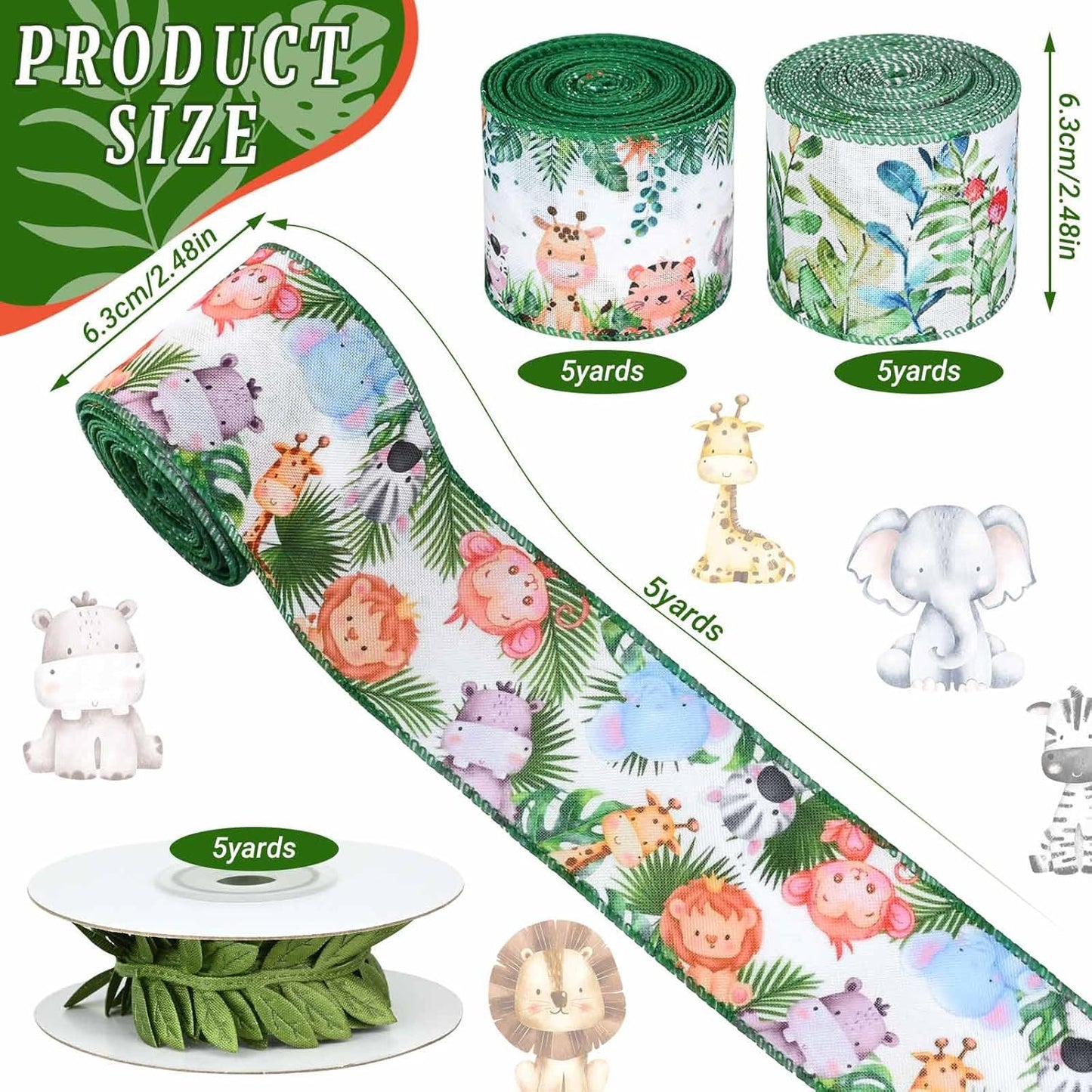 4Rolls 20 Yards Jungle Animal Diaper Cake Wired Ribbon 2.5 Inch Forest Green Leaf Ribbons Cute Animal Print Ribbons for Diaper Wrapping Birthday Baby Shower Craft Supplies