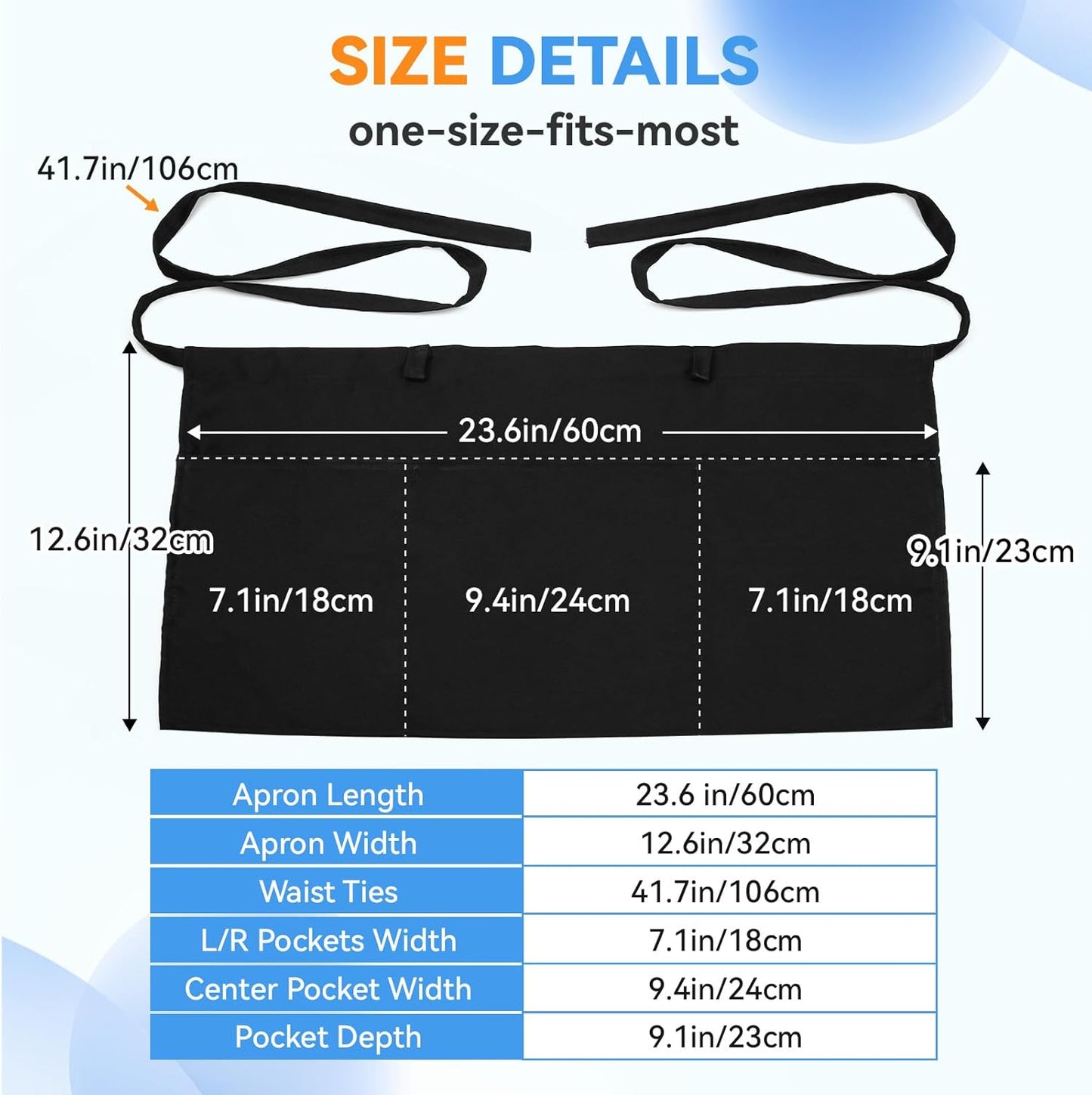 Server Aprons with 3 Pockets Waitress Waiter Waist Black Apron for Women Men Chef Kitchen Serving Cooking Baking, 1Pack, 12.6 inch
