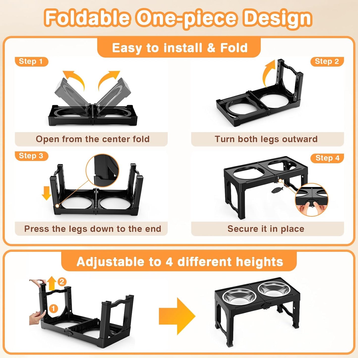 Elevated Dog Bowls Stand with 5 Heights from 3.8" to 13.4", Raised Dog Bowl Suitable for Medium & Large Sized Dogs, Adjustable Pet Food Stand with 2 Stainless Steel Bowls, Foldable Feeder, Black
