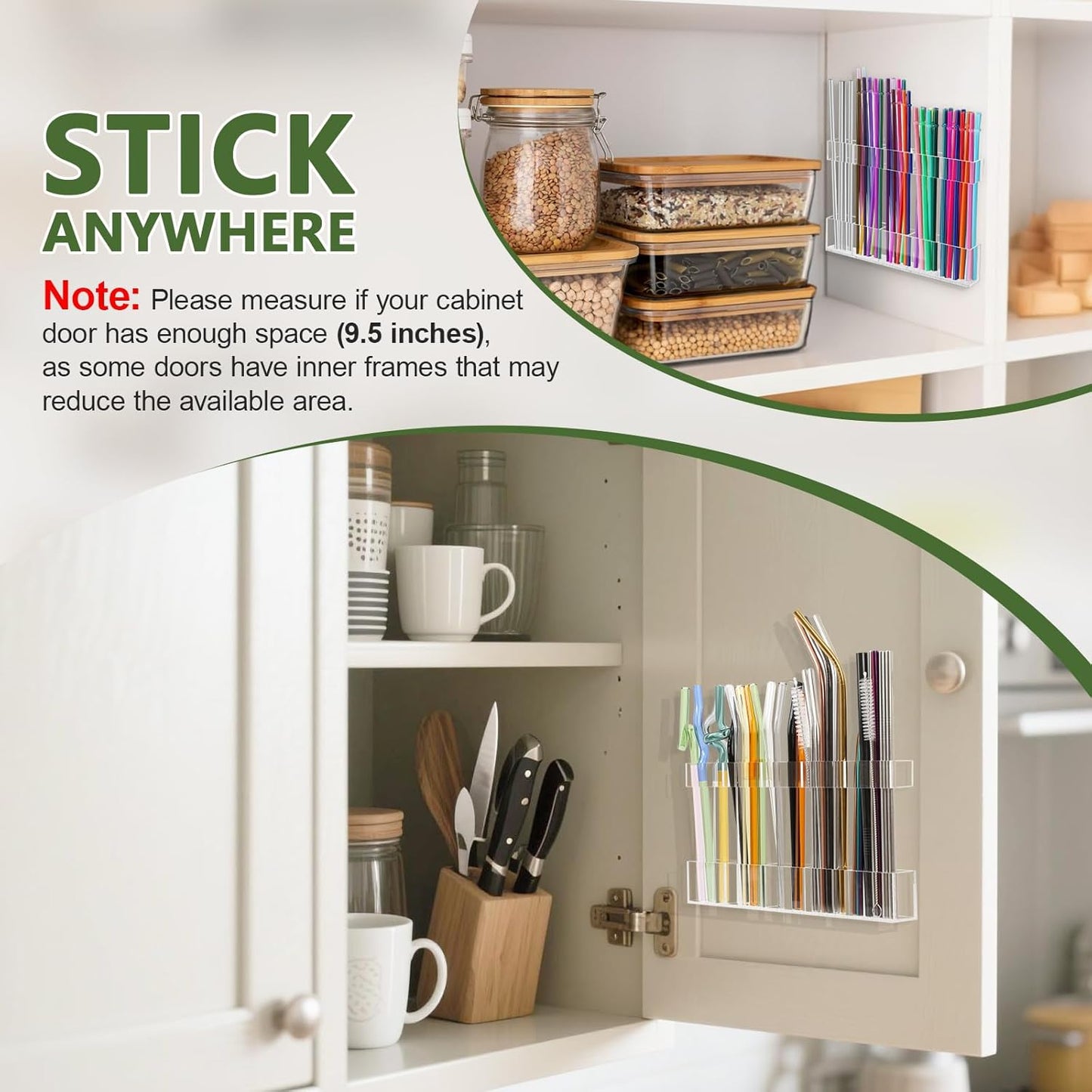 Acrylic Straw Holder for Cabinet Door - Reusable Tumbler Straw Organizer Storage, Small Kitchen Accessories Container, Ultra Sticky Cupboard Door Mounted (Transparent, Large 9.5" (Most Cabinets))