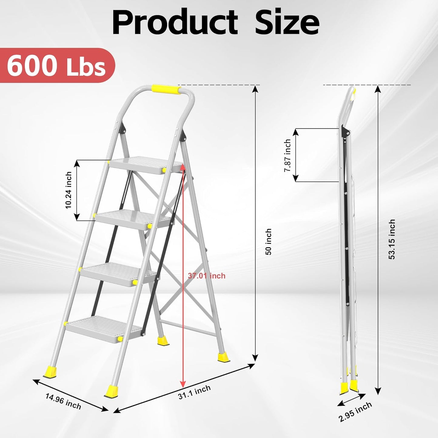 Step Ladder Foldable Folding Stool - for Home Adults Kitchen 4 Stepping Extension Tall Heavy Duty with Handrails - Closet Stepstool Stair Ladders Extendable Stepladder for Indoor House 600Lbs