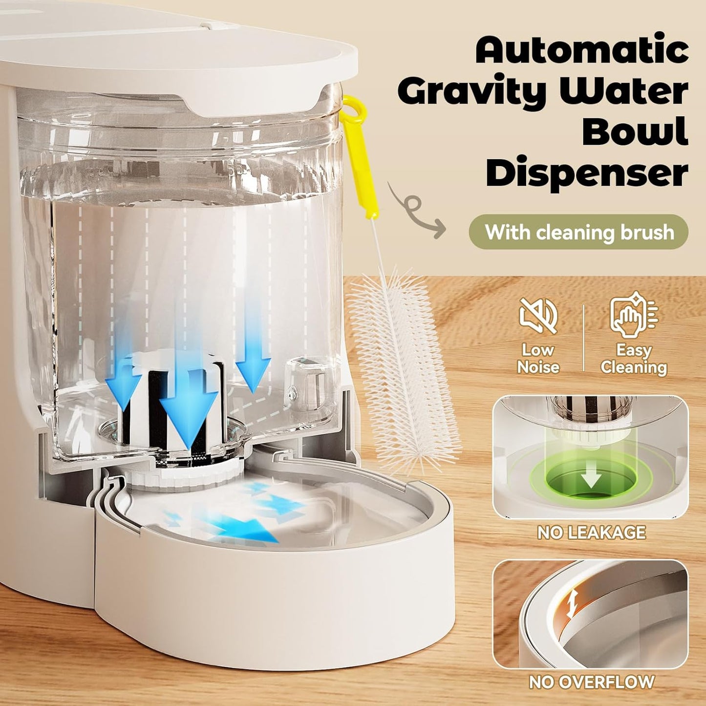 Automatic Cat Feeder 2-in-1 Set, Gravity Cat Food Feeder and Water Dispenser, Dog Feeding & Watering Supply with Stailess Steel Bowls, Large Capacity Low Noise, White