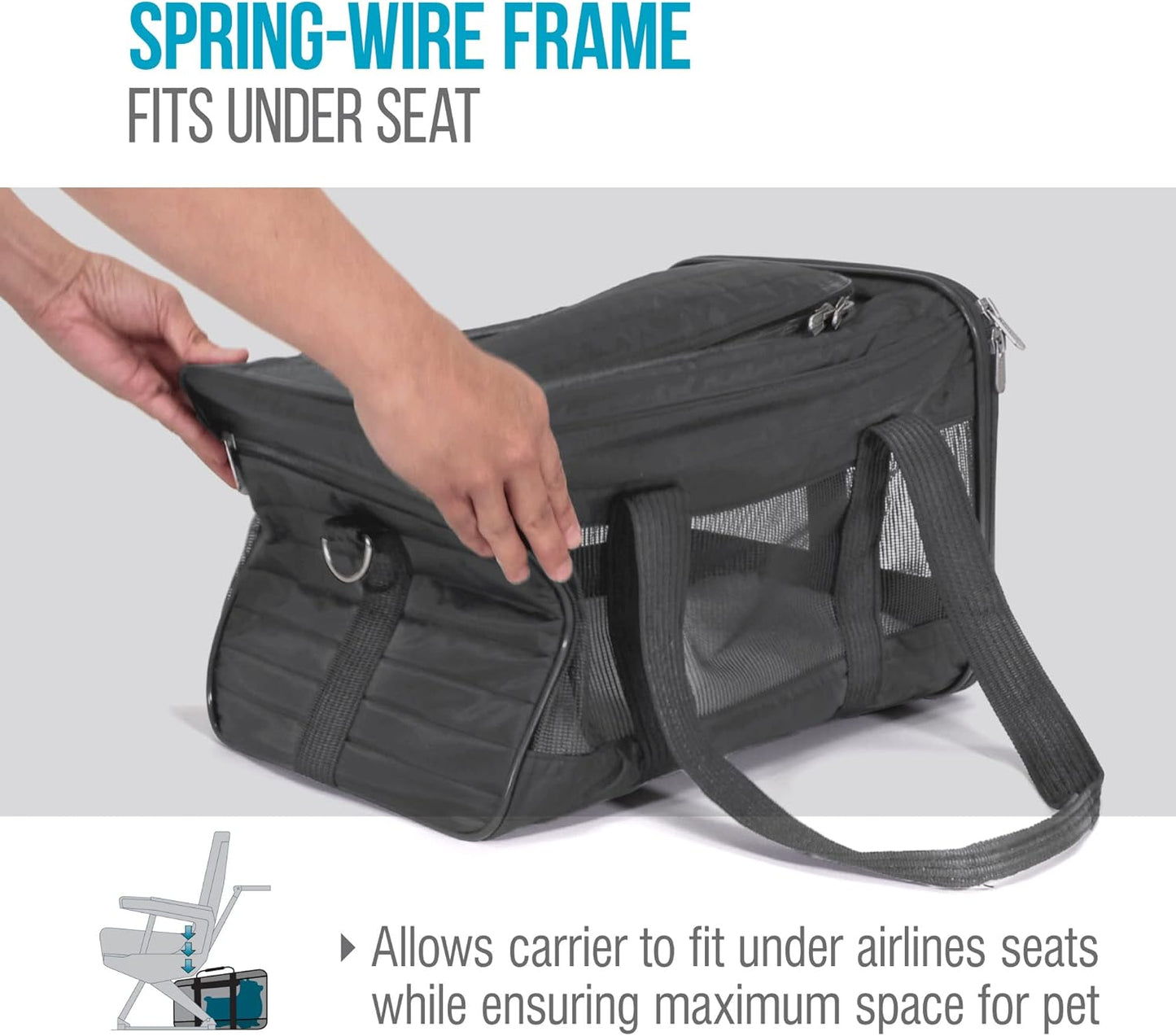 Sherpa Pet Carrier Airline Approved with Spring Wire Frame - Cat Carrier and Dog Carriers for Airline Travel and Vet Visits, Mesh Ventilation, Locking Zippers - Charcoal Grey, Large