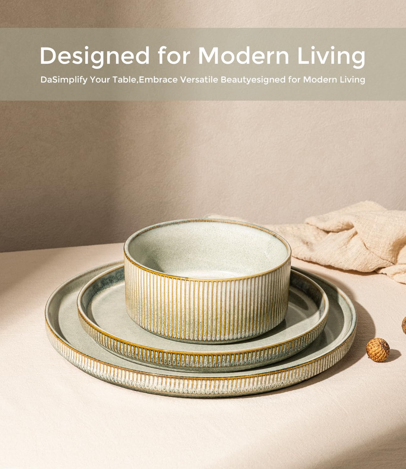 GBHOME 12-Piece Stoneware Dinnerware Set for 4 – Ribbed Ceramic Plates and Bowls, Scratch-Resistant, Microwave & Dishwasher Safe, Reactive Glaze, Desert Sage
