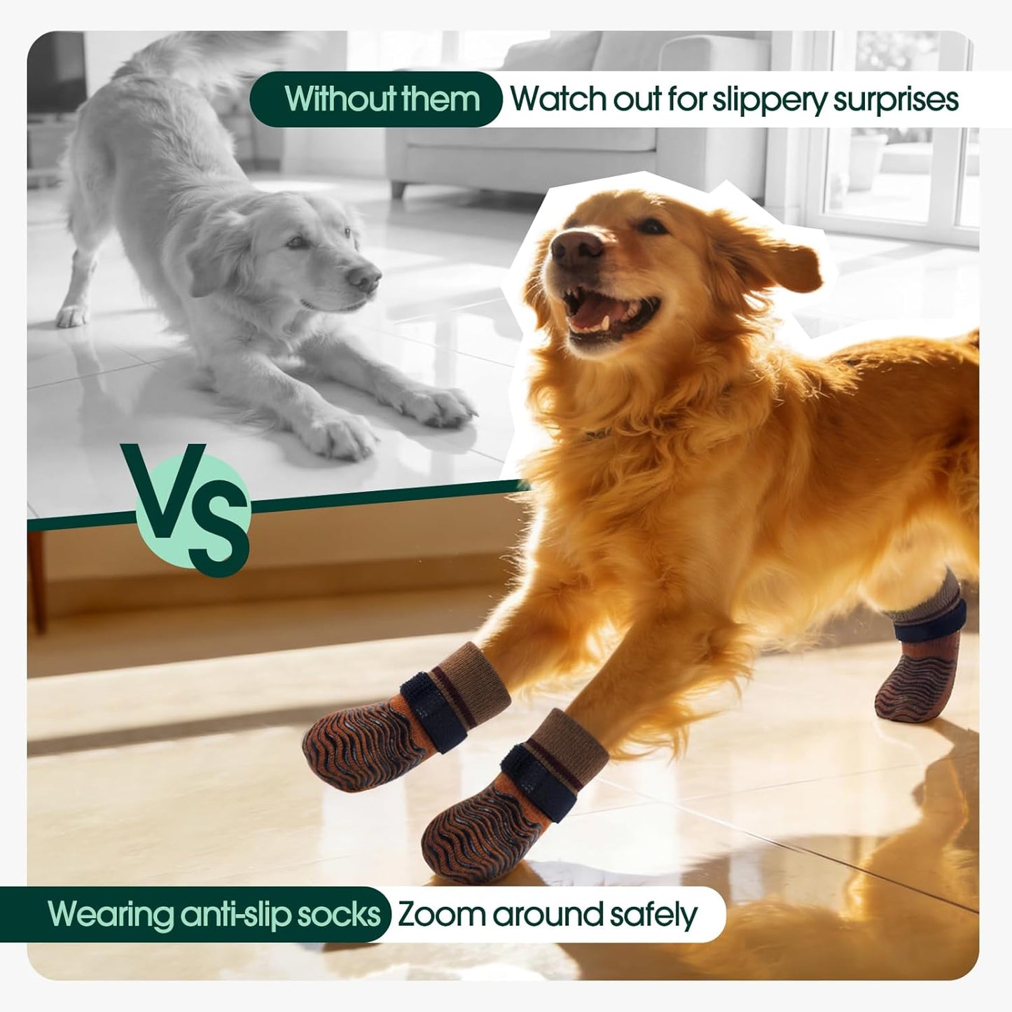 Kuoser Non Slip Dog Socks for Hardwood Floors, Anti-Slip Dog Grippy Socks to Prevent Licking Paws, Double-Sided Traction Dogs Booties Paw Protectors for Small Medium Large Senior Dogs, 4 Pack-Brown XS