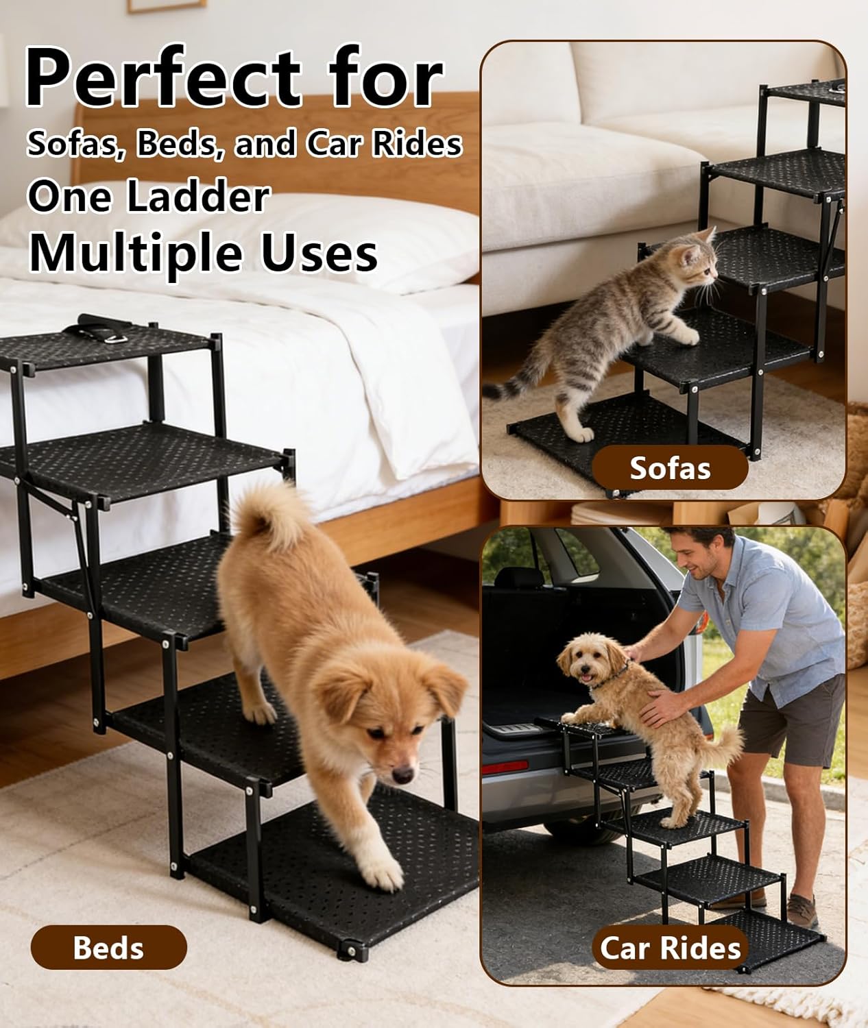 Dog Stairs for Large Dogs - 5 Step Non-Slip Pet Stairs & Steps for Bed, Couch, Car, Truck SUV | Portable Ramp Alternative for Senior Dogs, Helps Joint Health, Easy Carry Travel