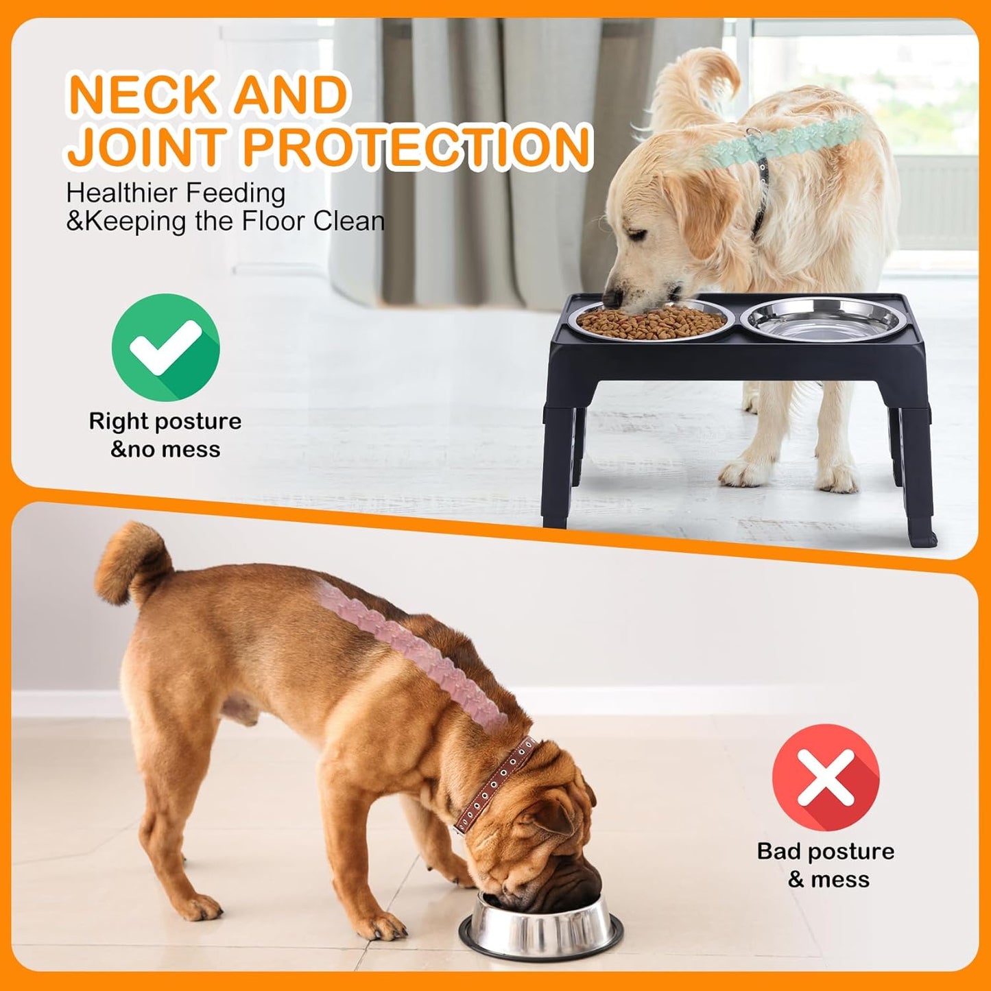 Elevated Dog Bowls, Raised Bowl with 2 Stainless Steel Food Bowls, Dog Bowls Stand Adjusts to 5 Heights 2.95", 8.46", 9.65", 10.82", 12.01" for Small Medium Large Cats Pets,Black