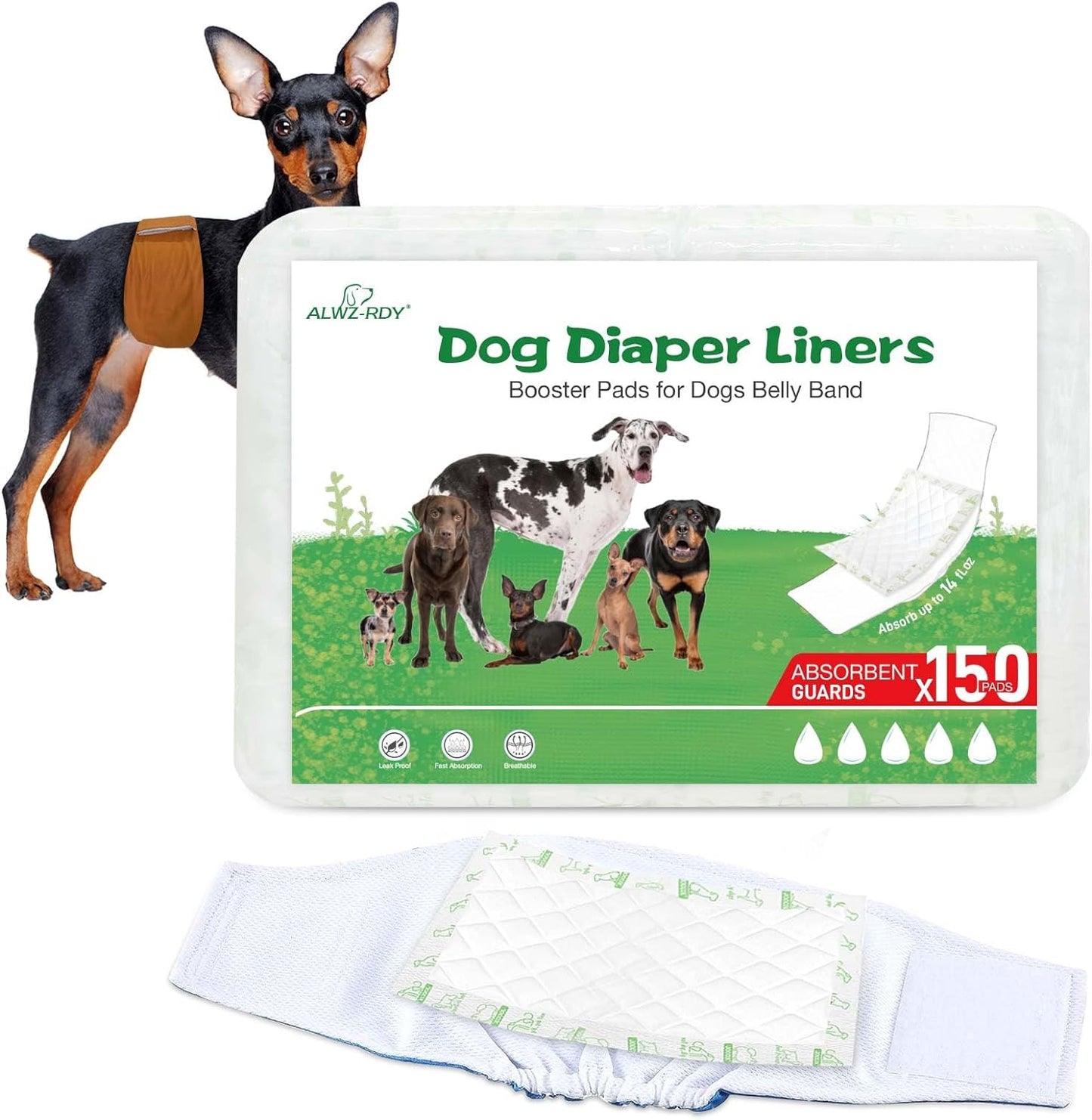 Dog Diaper Liners 100ct Super Absorption Disposable Dog Diaper Booster Pads Leak-Proof for Female and Male Fit Most Reusable Pet Belly Bands, Wraps and Period Diapers(Regular, S-100ct)