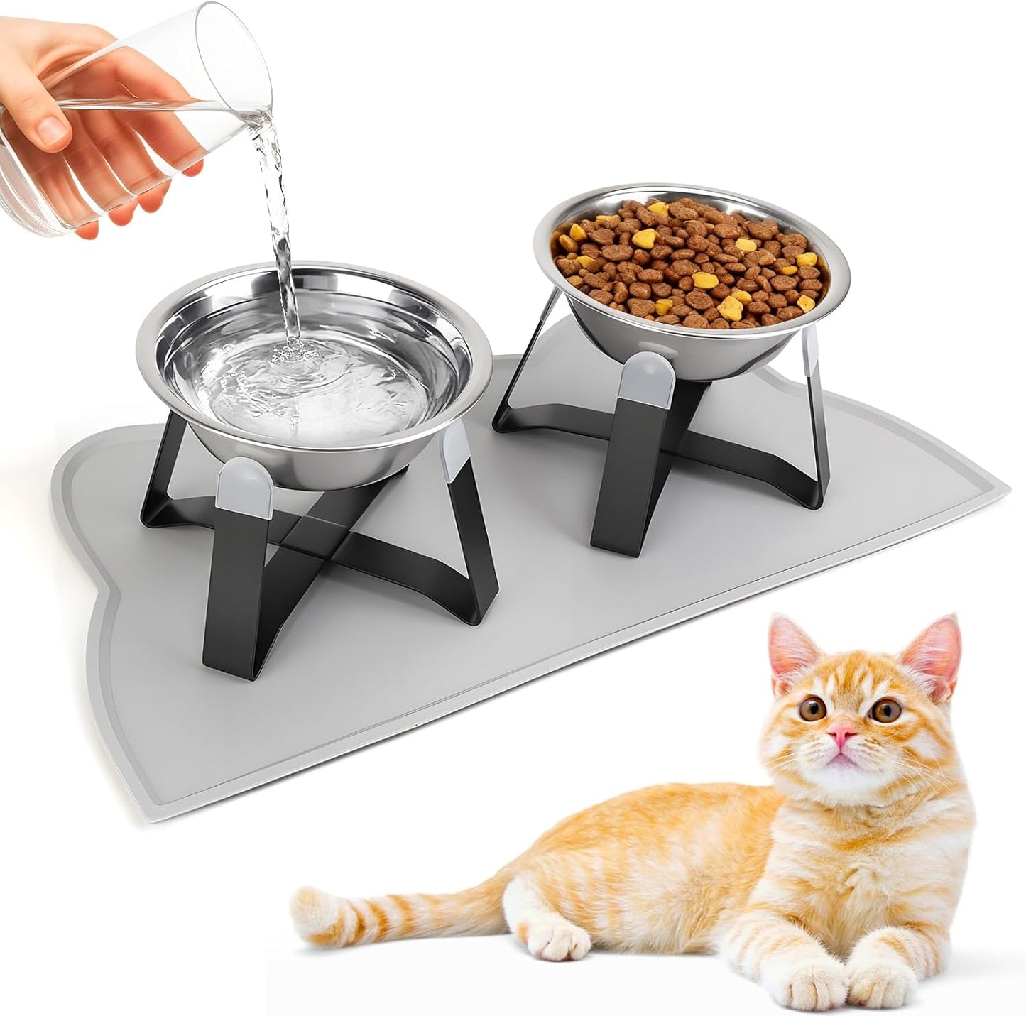 2 Pack Raised Cat Bowls Holder with Non-Slip Mat Stainless Steel Cat Feeder Elevated Pet Water Food Bowls for Cats Puppies Rabbits (Black)