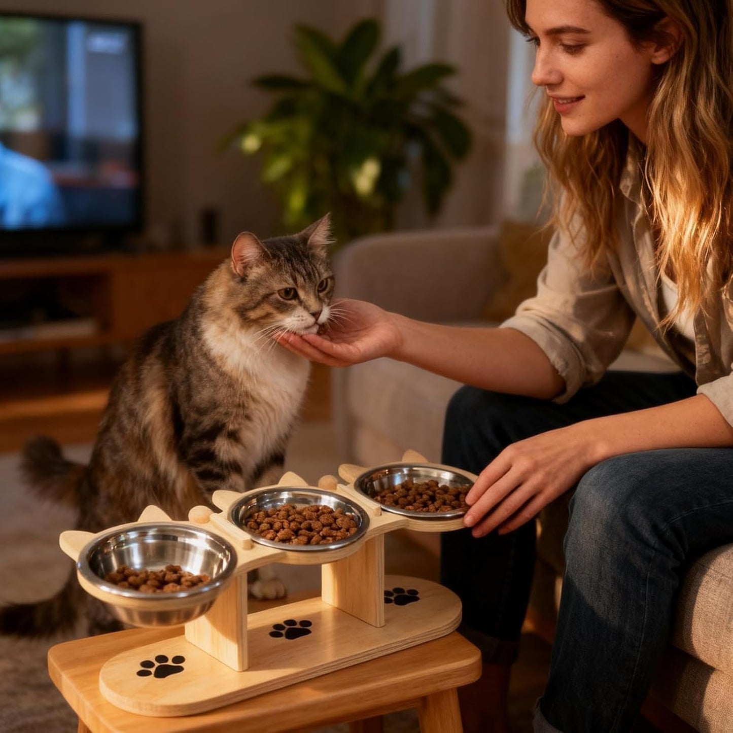Dog Bowls Elevated, Wooden Stand Tilted Water Feeder, Cat Bowl Stand, Dog Feeding Station, for Feeding, Kitten, Puppy, Small, Medium Breed, Home, Balcony, Living Room, Apartment, Indoor, Outdoor