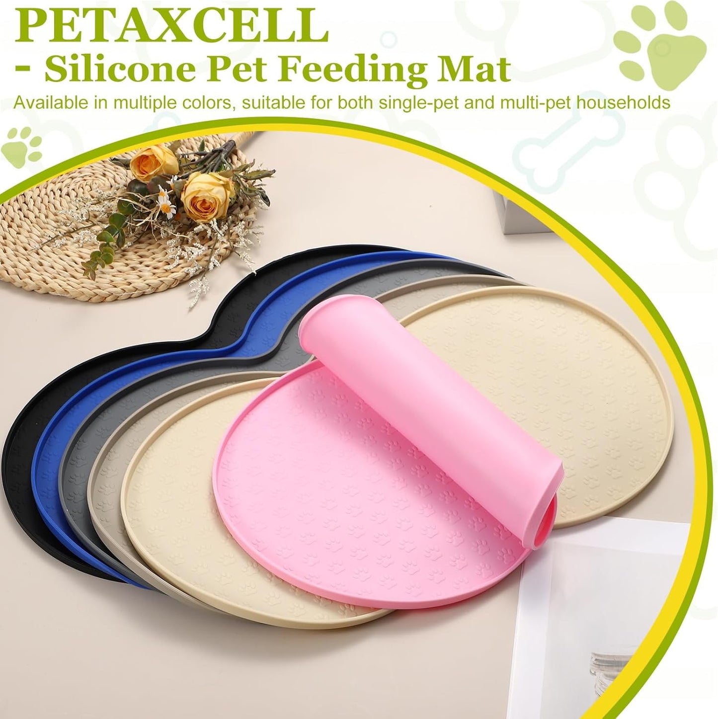 Dog Food Mat, 19x10 Inch Silicone Pet Feeding Mat Non-Slip Double Circle Style Waterproof Dog Water Bowl Tray Raised Edge Protects Floors (Apricot), Intended for Pets Bowl/Fountain