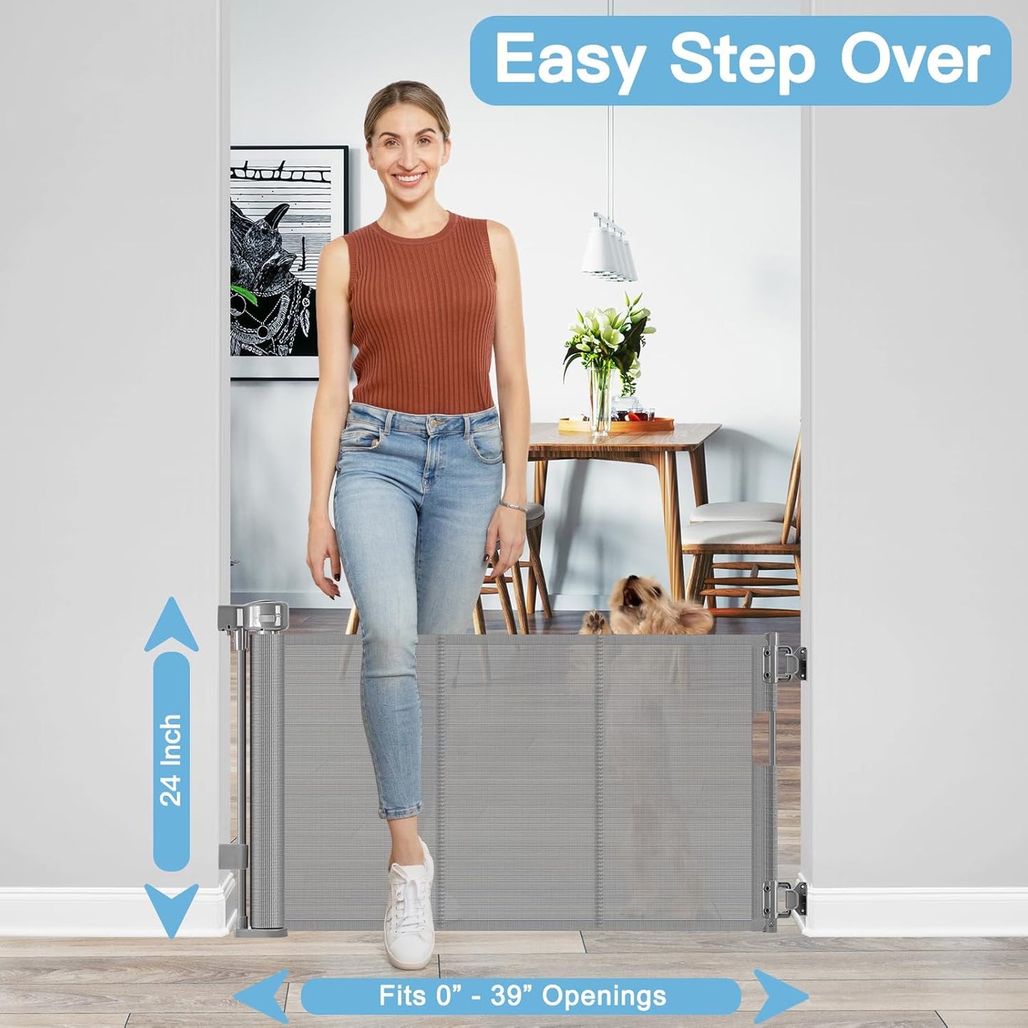 Short Dog Gate 0"-39" Wide Narrow Baby Gate 24” Tall Retractable Short Baby Gate to Step Over Short Pet Gate for Stairs and Doorways Small Dog Gate Doggie Gates Puppy for The House, Gray